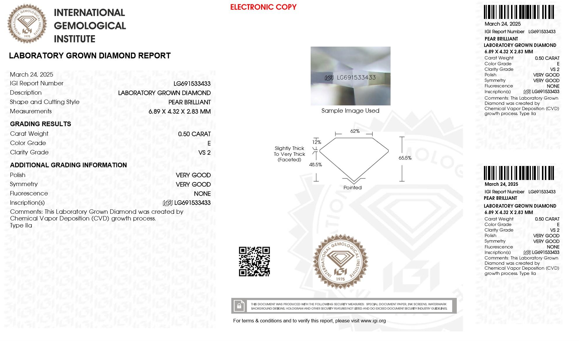 .50 Carats Lab Grown Diamond Loose E, VS2 (IGI Cert) at PristineAuction.com .50 Carats Lab Grown Diamond Loose E, VS2 (IGI Cert) at PristineAuction.com