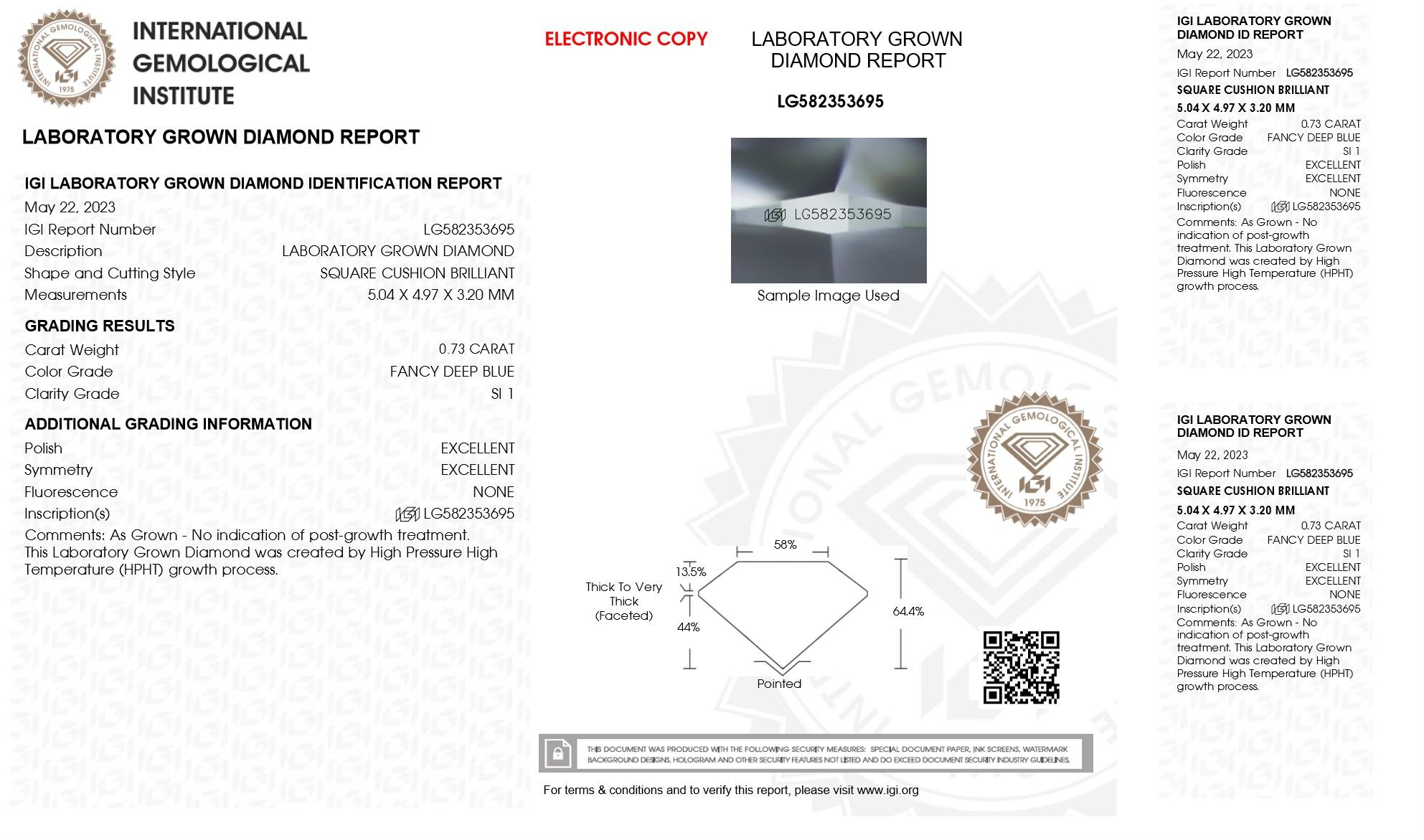 .73 Carats Lab Grown BLUE Diamond Loose SI1 (IGI Cert) at PristineAuction.com .73 Carats Lab Grown BLUE Diamond Loose SI1 (IGI Cert) at PristineAuction.com
