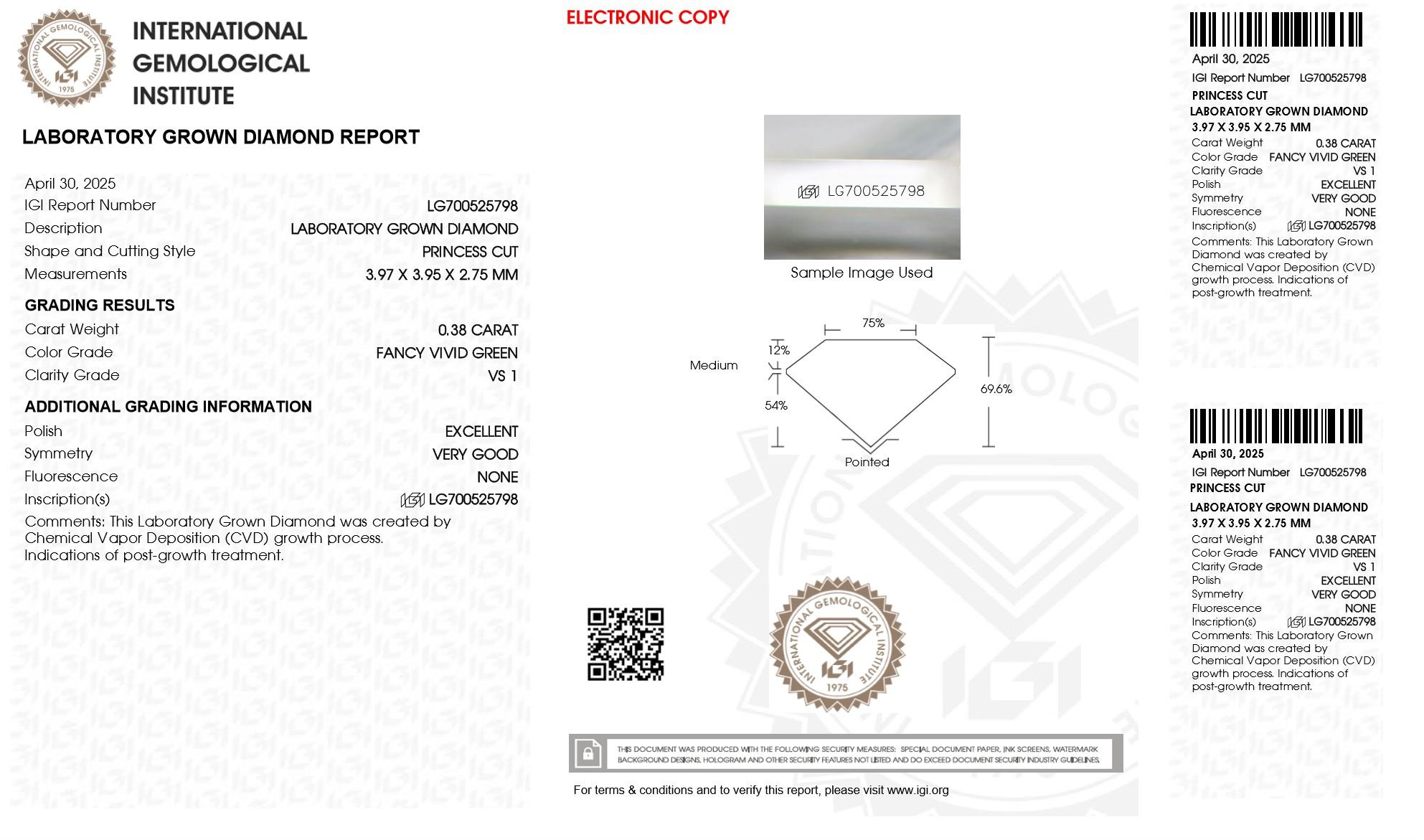 .38 Carats Lab Grown GREEN Diamond Loose VS1 (IGI Cert) at PristineAuction.com .38 Carats Lab Grown GREEN Diamond Loose VS1 (IGI Cert) at PristineAuction.com