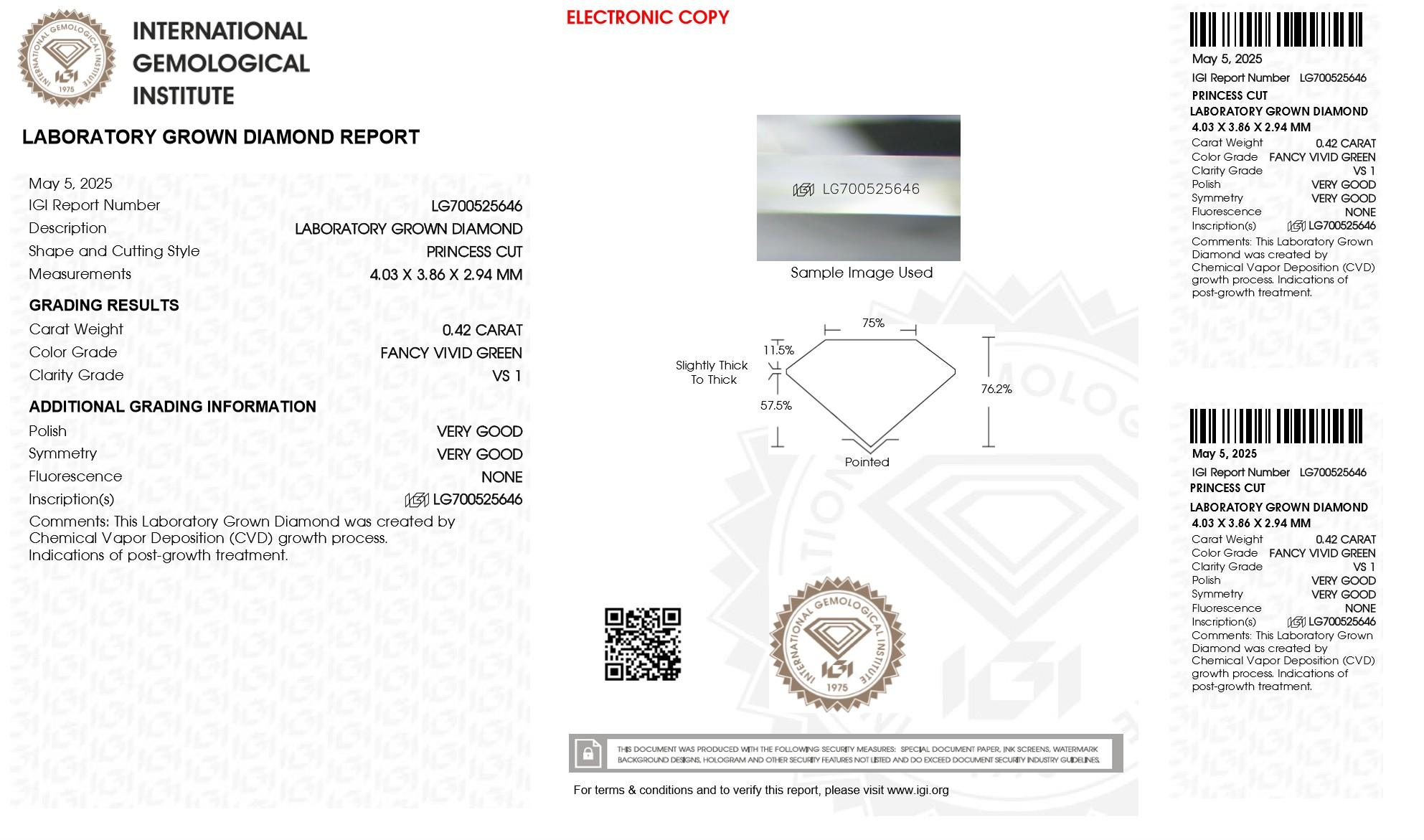 .42 Carats Lab Grown GREEN Diamond Loose VS1 (IGI Cert) at PristineAuction.com .42 Carats Lab Grown GREEN Diamond Loose VS1 (IGI Cert) at PristineAuction.com