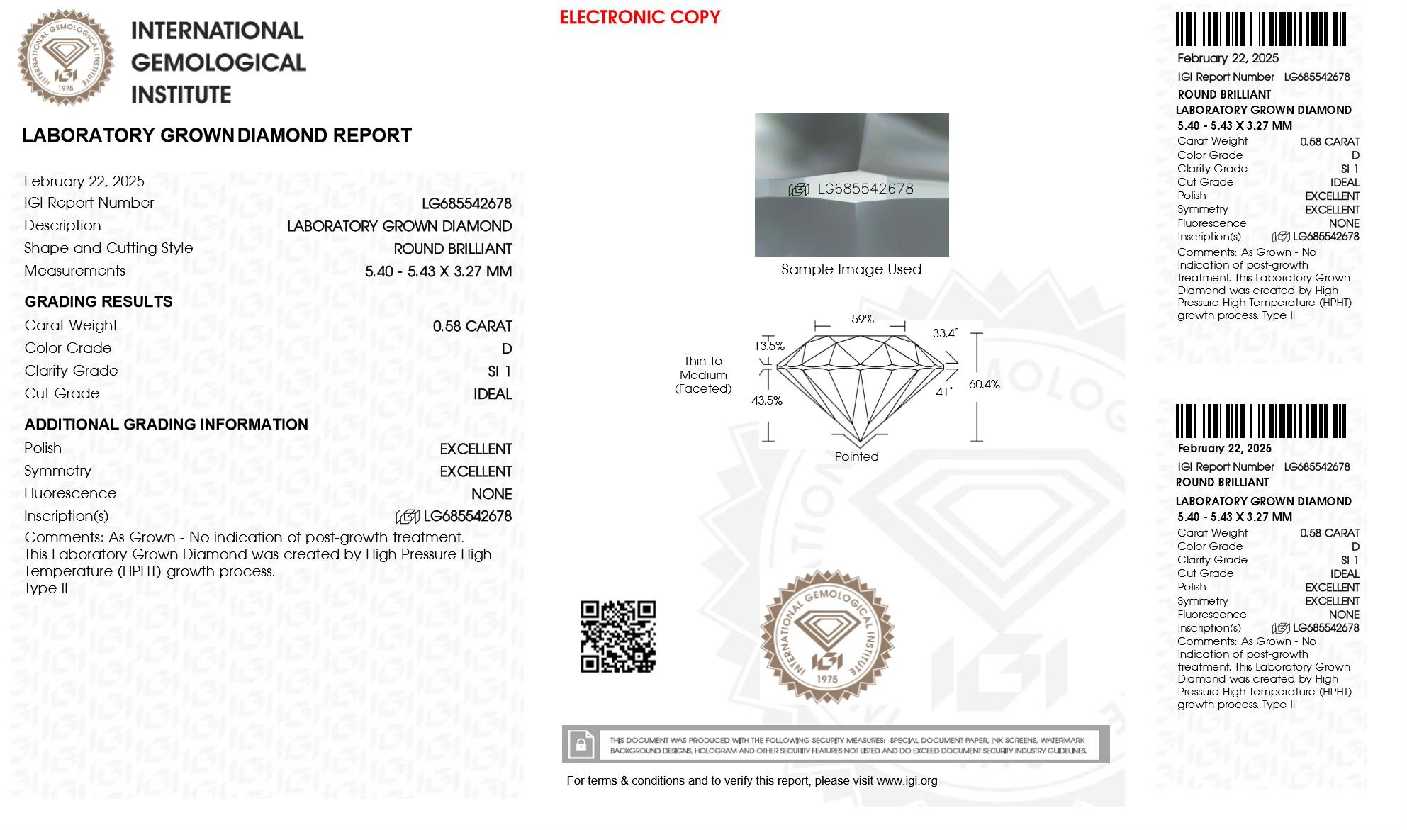 .58 Carats Lab Grown Diamond Loose D, SI1 (IGI Cert) at PristineAuction.com .58 Carats Lab Grown Diamond Loose D, SI1 (IGI Cert) at PristineAuction.com