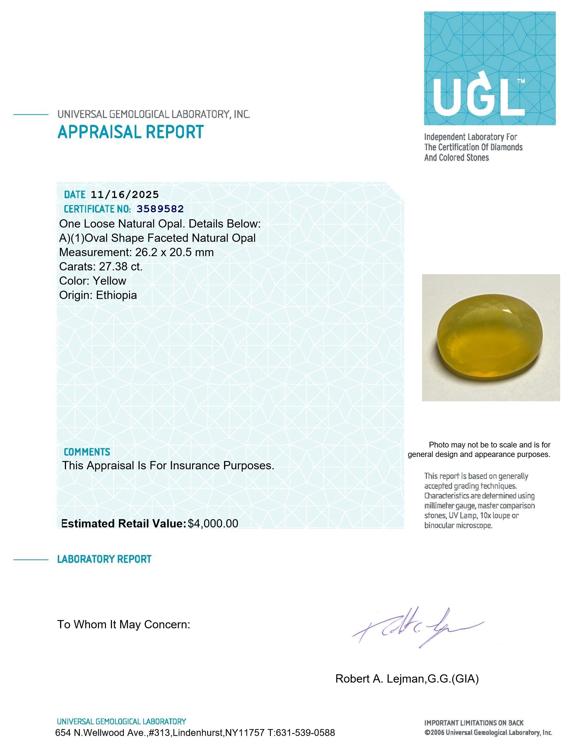 27.38 Carats Natural Yellow Opal Loose | Estimated Retail Value $4,000 (UGL Cert) at PristineAuction.com 27.38 Carats Natural Yellow Opal Loose | Estimated Retail Value $4,000 (UGL Cert) at PristineAuction.com
