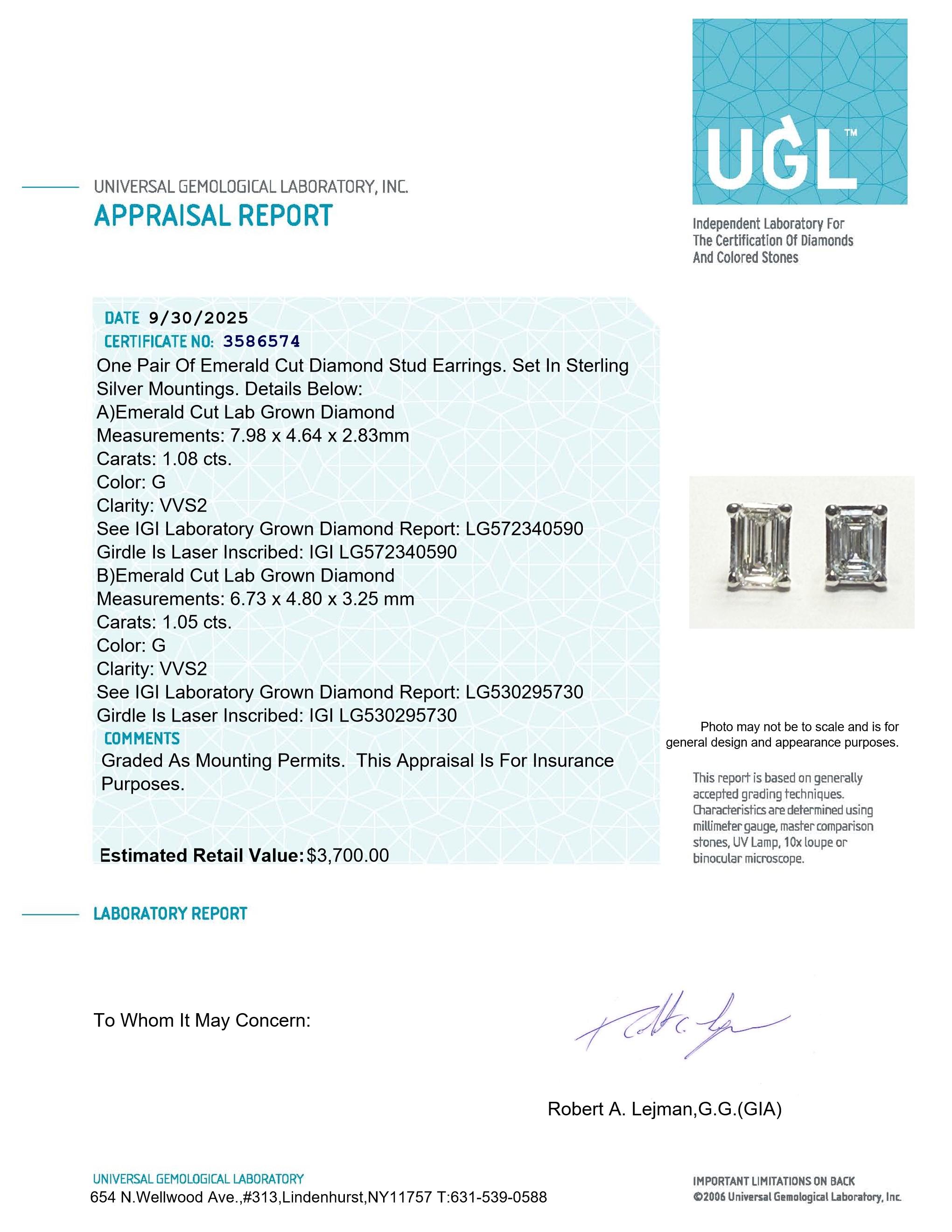 New 2.13 Carats Lab Grown Diamond Stud Earrings G, VVS2 | Estimated Retail Value: $3,700 (UGL & IGI Certs) at PristineAuction.com New 2.13 Carats Lab Grown Diamond Stud Earrings G, VVS2 | Estimated Retail Value: $3,700 (UGL & IGI Certs) at PristineAuction.com