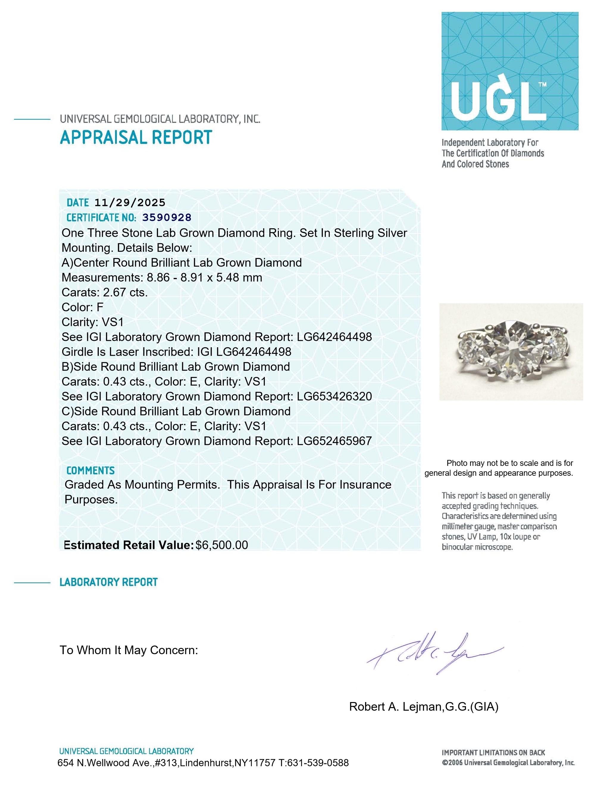 New 3.53 Carats Lab Grown 3 Diamond Ring E-F, VS1 | Estimated Retail Value: $6,500 (UGL & IGI Certs) at PristineAuction.com New 3.53 Carats Lab Grown 3 Diamond Ring E-F, VS1 | Estimated Retail Value: $6,500 (UGL & IGI Certs) at PristineAuction.com