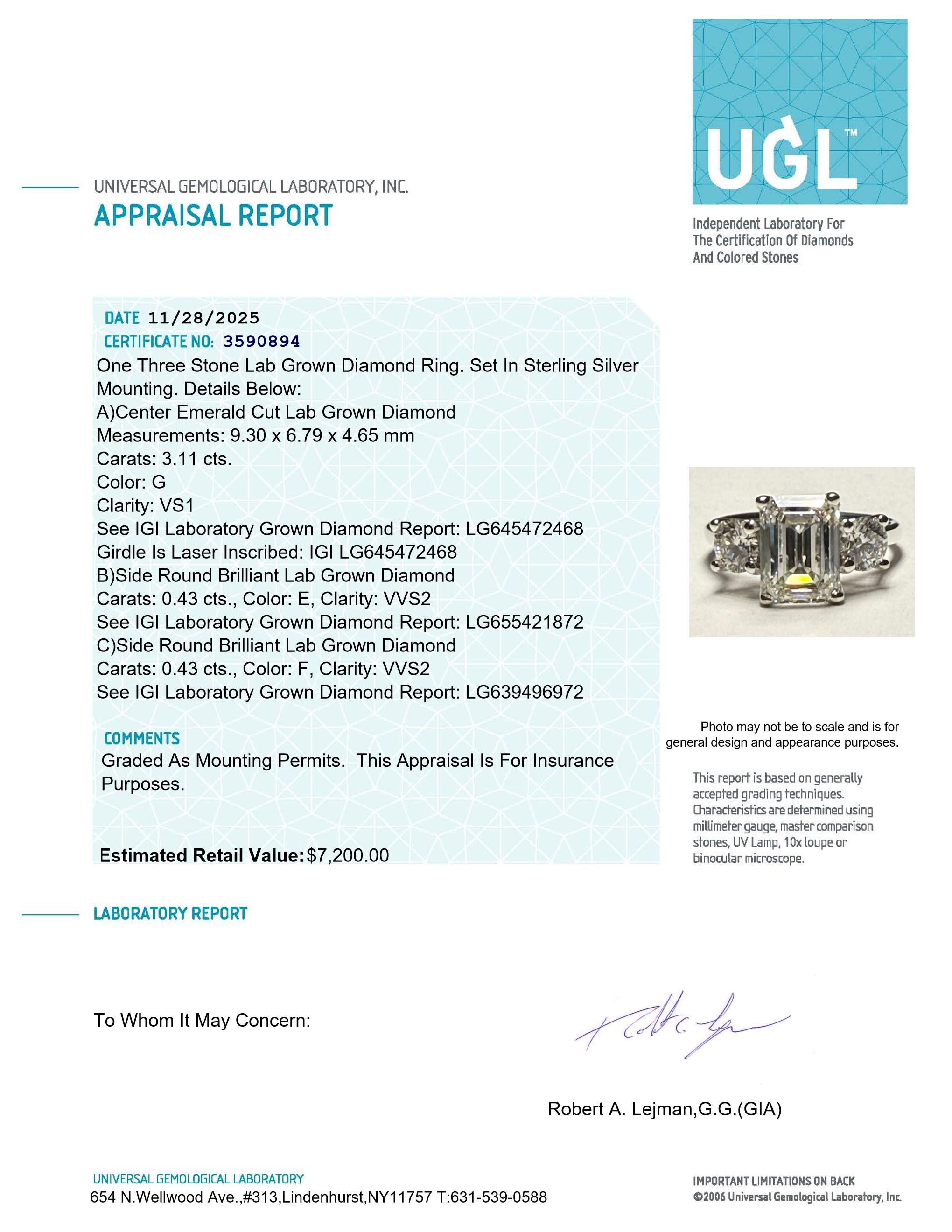 New 3.97 Carats Lab Grown 3 Diamond Ring E-G, VVS2-VS1 | Estimated Retail Value: $7,200 (UGL & IGI Certs) at PristineAuction.com New 3.97 Carats Lab Grown 3 Diamond Ring E-G, VVS2-VS1 | Estimated Retail Value: $7,200 (UGL & IGI Certs) at PristineAuction.com