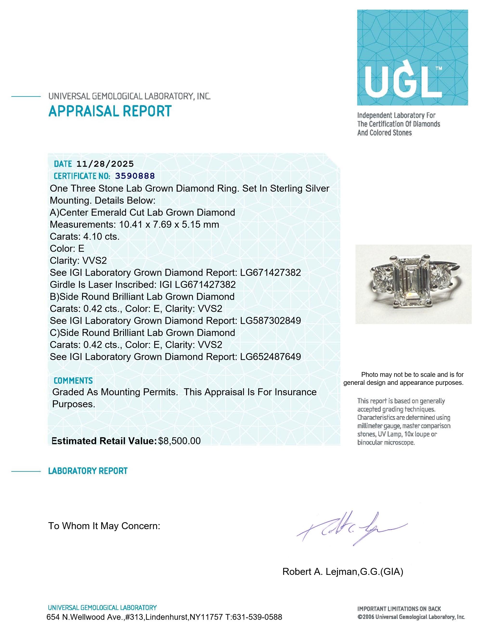 New 4.94 Carats Lab Grown 3 Diamond Ring E, VVS2 | Estimated Retail Value: $8,500 (UGL & IGI Certs) at PristineAuction.com New 4.94 Carats Lab Grown 3 Diamond Ring E, VVS2 | Estimated Retail Value: $8,500 (UGL & IGI Certs) at PristineAuction.com