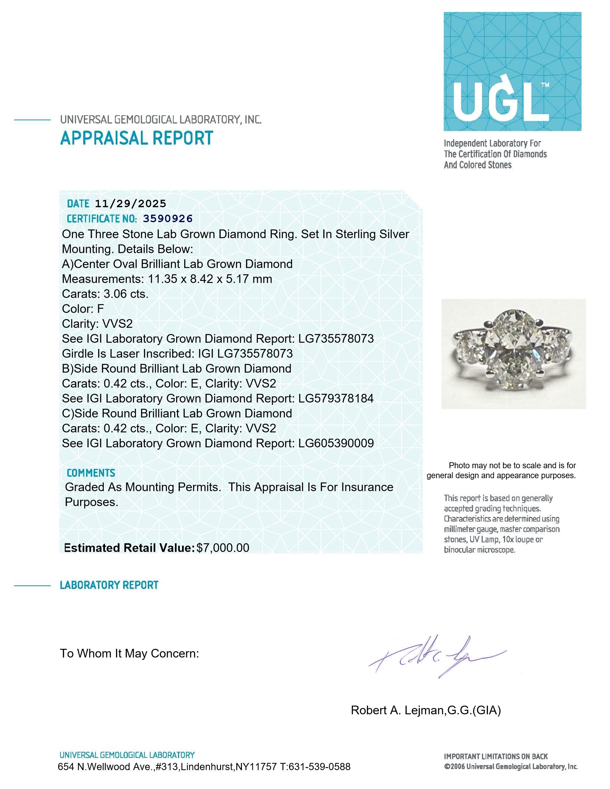 New 3.90 Carats Lab Grown 3 Diamond Ring E-F, VVS2 | Estimated Retail Value: $7,000 (UGL & IGI Certs) at PristineAuction.com New 3.90 Carats Lab Grown 3 Diamond Ring E-F, VVS2 | Estimated Retail Value: $7,000 (UGL & IGI Certs) at PristineAuction.com