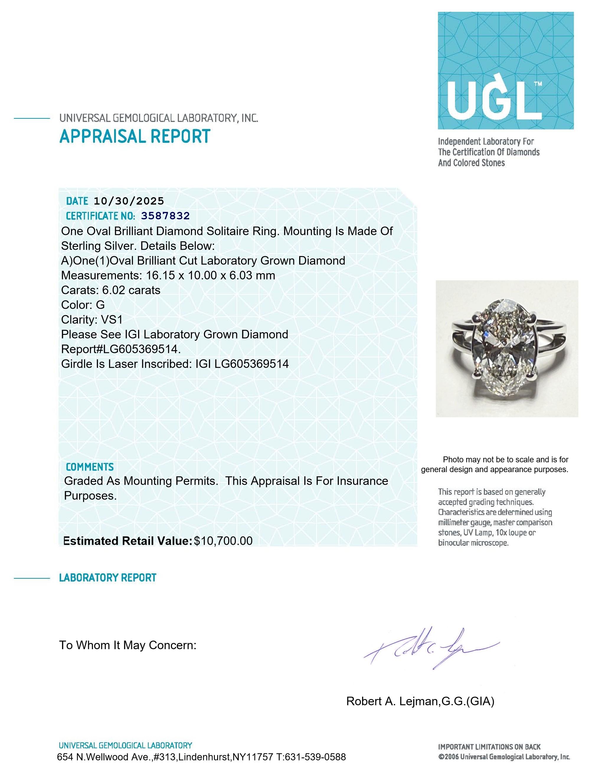 New 6.02 Carats Lab Grown Diamond Ring G, VS1 | Estimated Retail Value: $10,700 (UGL & IGI Certs) at PristineAuction.com New 6.02 Carats Lab Grown Diamond Ring G, VS1 | Estimated Retail Value: $10,700 (UGL & IGI Certs) at PristineAuction.com