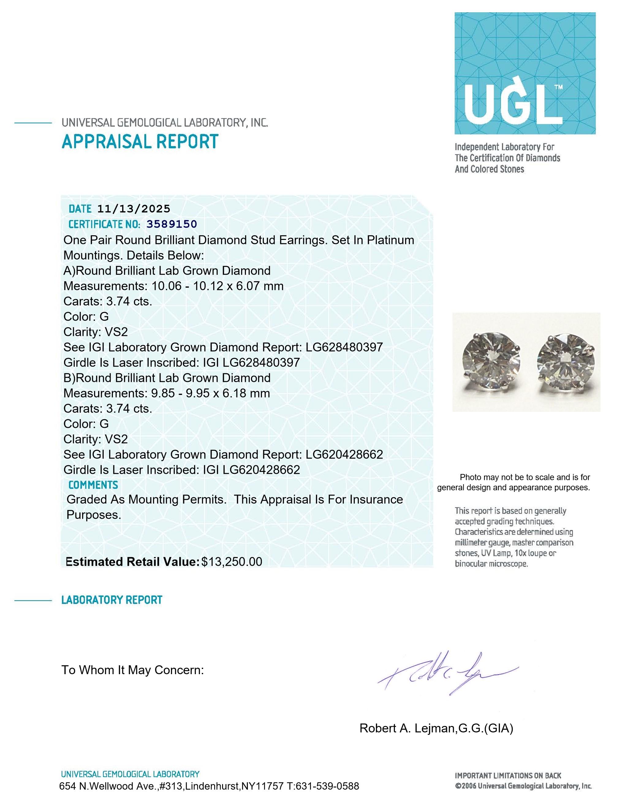 Platinum New 7.48 Carats Lab Grown Diamond Stud Earrings G, VS2 | Estimated Retail Value: $13,250 (UGL & IGI Certs) at PristineAuction.com Platinum New 7.48 Carats Lab Grown Diamond Stud Earrings G, VS2 | Estimated Retail Value: $13,250 (UGL & IGI Certs) at PristineAuction.com