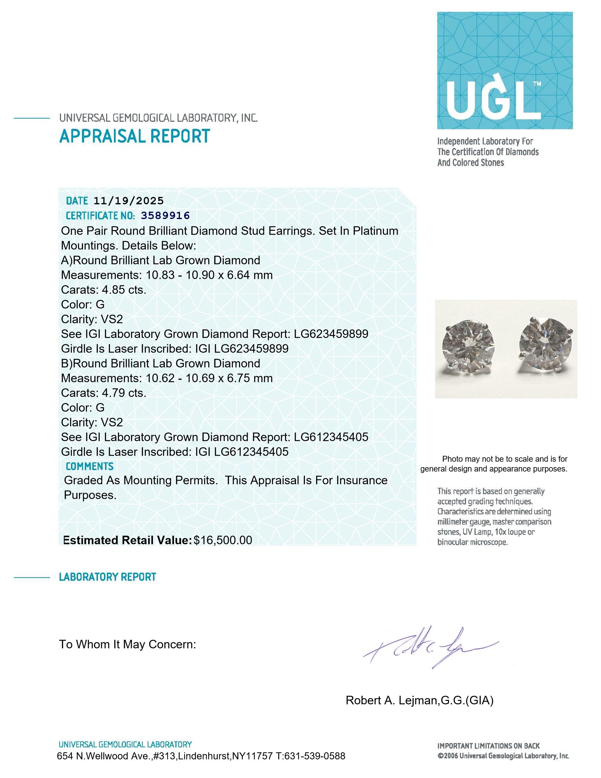 Platinum New 9.64 Carats Lab Grown Diamond Stud Earrings G, VS2 | Estimated Retail Value: $16,500 (UGL & IGI Certs) at PristineAuction.com Platinum New 9.64 Carats Lab Grown Diamond Stud Earrings G, VS2 | Estimated Retail Value: $16,500 (UGL & IGI Certs) at PristineAuction.com