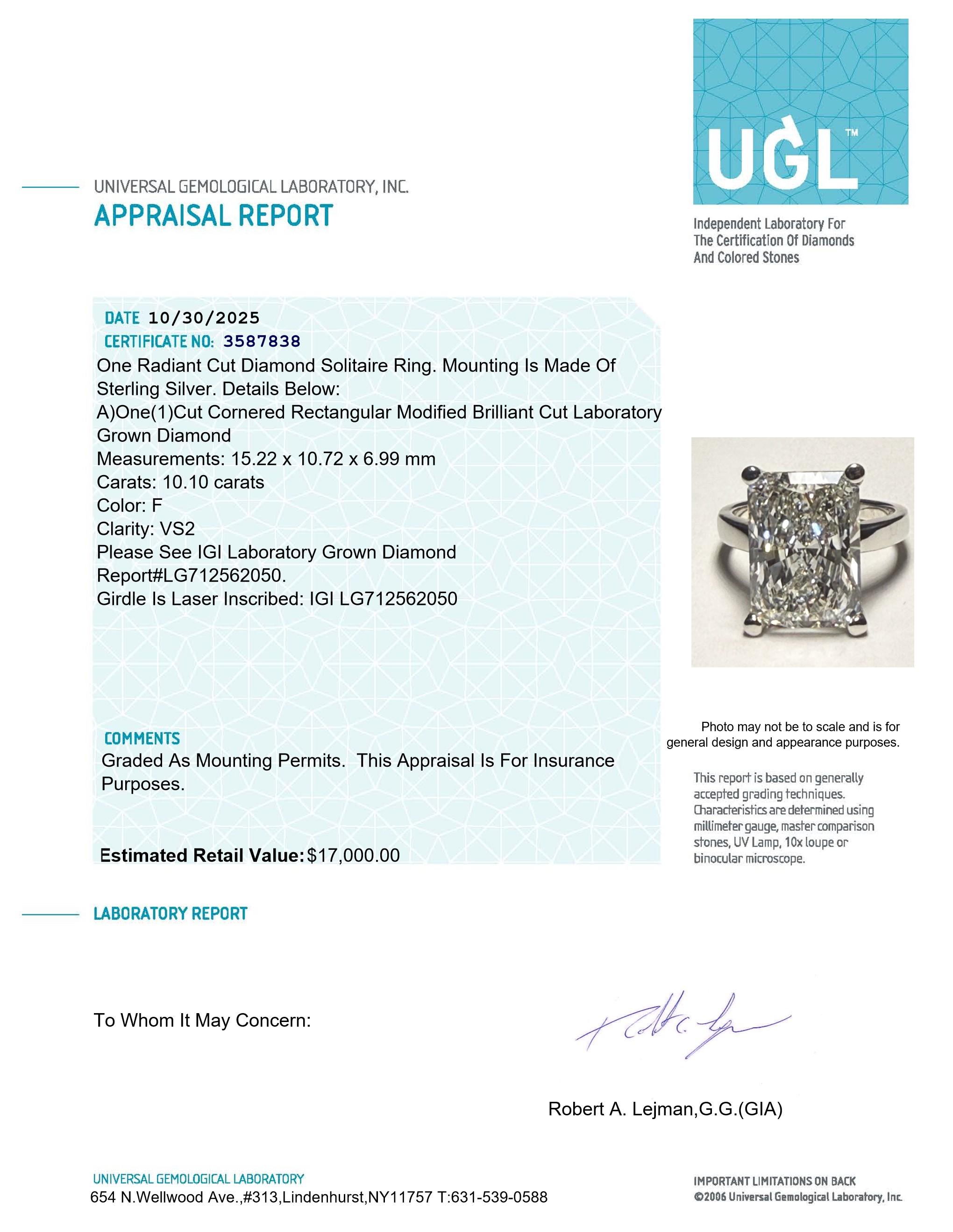 New 10.10 Carats Lab Grown Diamond Ring F, VS2 | Estimated Retail Value: $17,000 (UGL & IGI Certs) at PristineAuction.com New 10.10 Carats Lab Grown Diamond Ring F, VS2 | Estimated Retail Value: $17,000 (UGL & IGI Certs) at PristineAuction.com