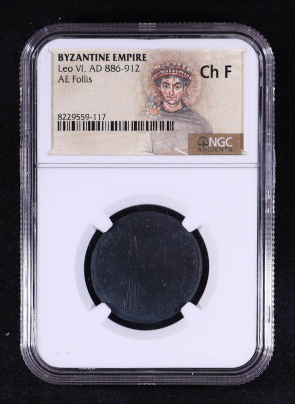 Byzantine Empire - Pope Leo VI, AD 886-912, AE Follis (NGC Ch F) at PristineAuction.com Byzantine Empire - Pope Leo VI, AD 886-912, AE Follis (NGC Ch F) at PristineAuction.com