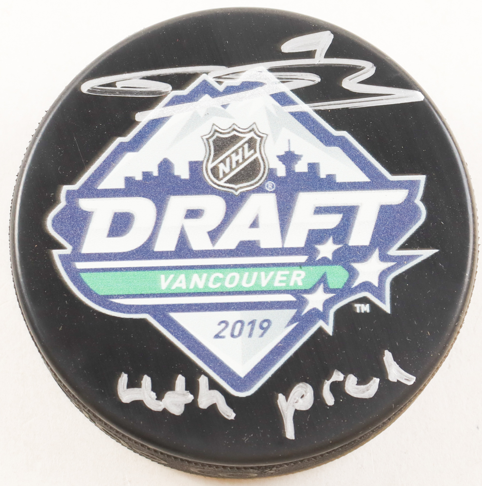 Bowen Byram Signed 2019 NHL Draft Logo Hockey Puck Inscribed "4th Pick" (AJ's Sports) at PristineAuction.com Bowen Byram Signed 2019 NHL Draft Logo Hockey Puck Inscribed "4th Pick" (AJ's Sports) at PristineAuction.com