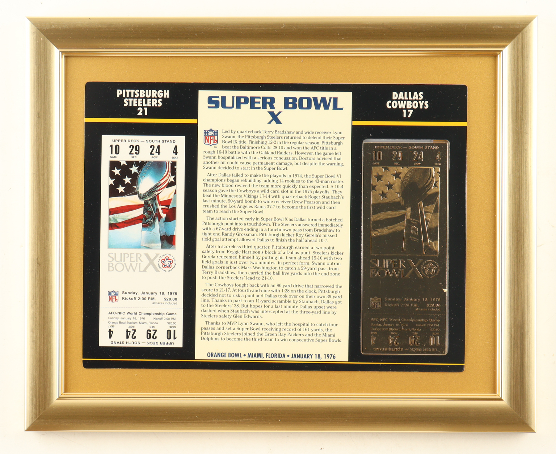 Super Bowl X Commemorative Score Card with 23KT Gold Ticket Framed Display at PristineAuction.com Super Bowl X Commemorative Score Card with 23KT Gold Ticket Framed Display at PristineAuction.com