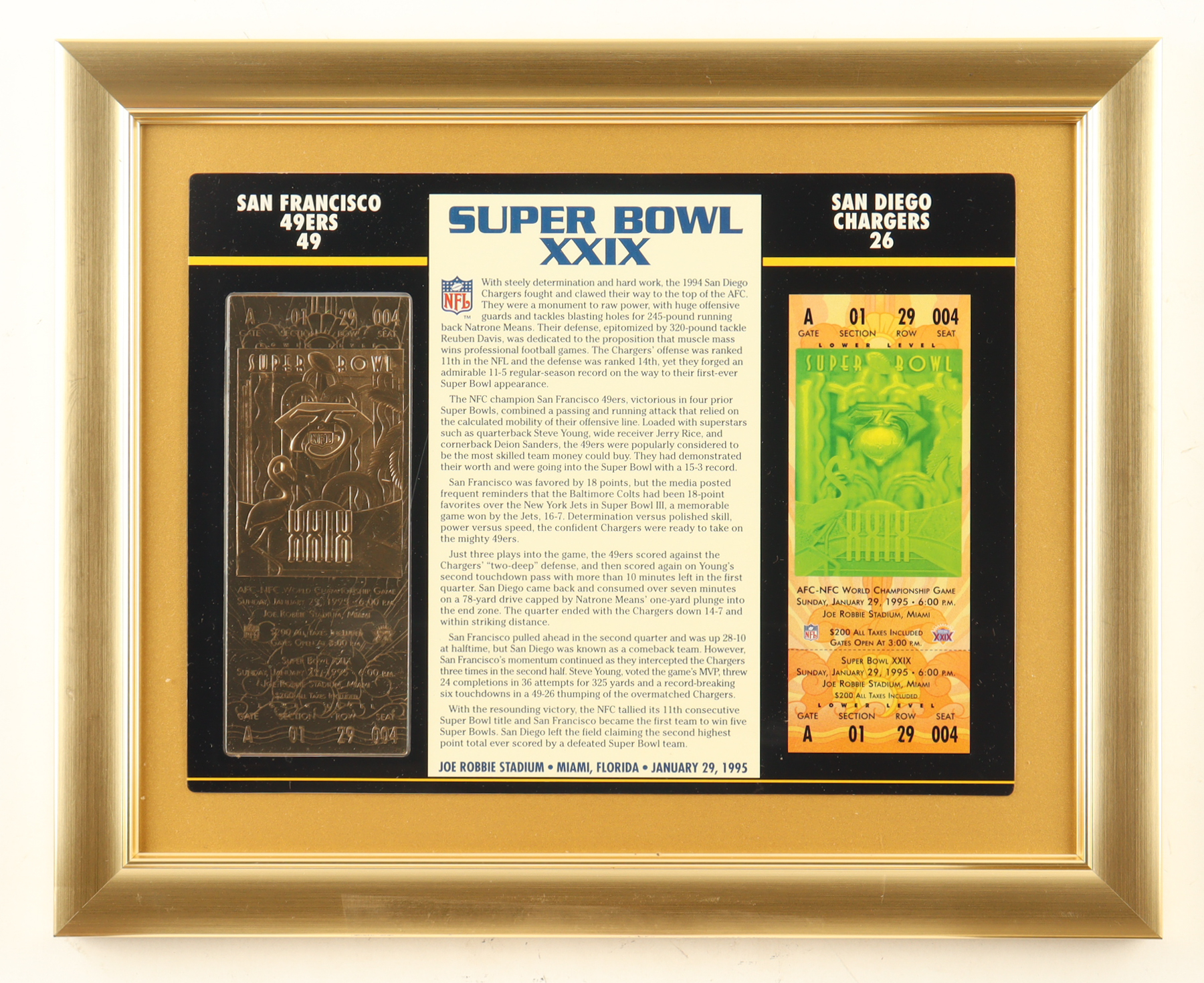 Super Bowl XXIX Commemorative Score Card with 23KT Gold Ticket Framed Display at PristineAuction.com Super Bowl XXIX Commemorative Score Card with 23KT Gold Ticket Framed Display at PristineAuction.com
