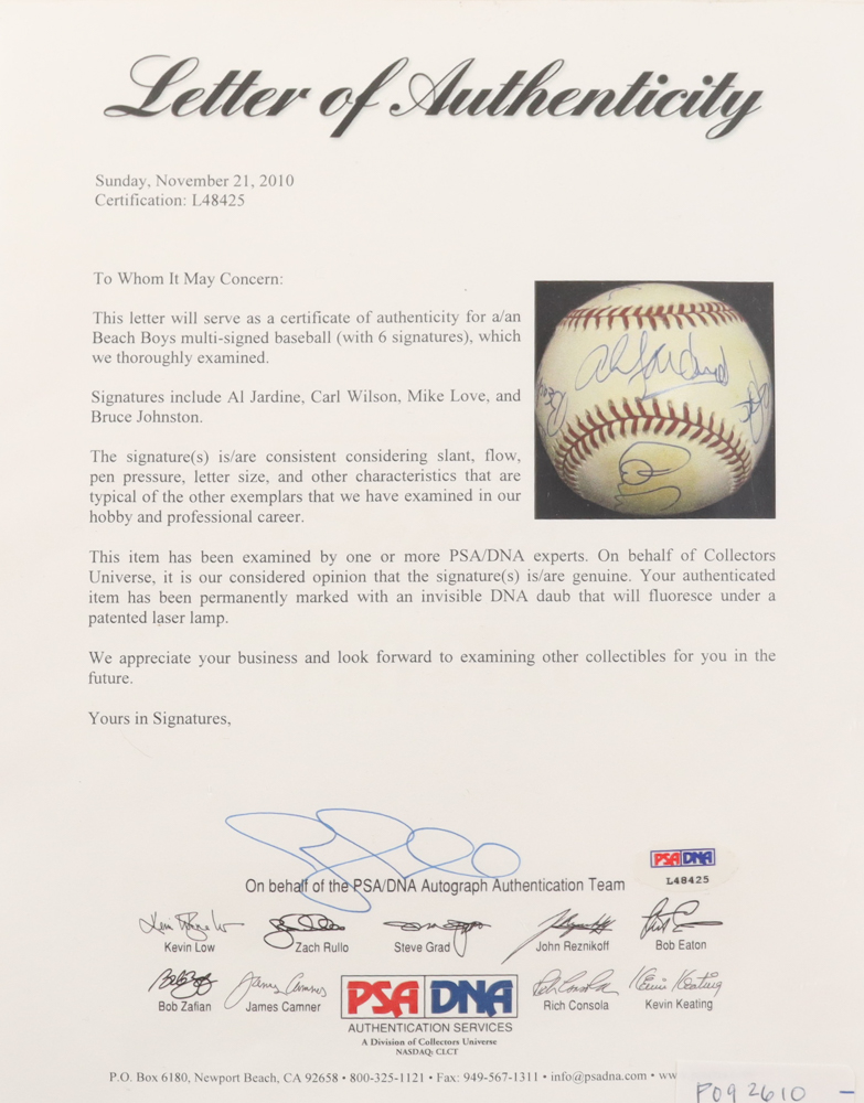 "The Beach Boys" ONL Baseball Signed & Inscribed By (6) with Al Jardine, Carl Wilson, Mike Love, Bruce Johnston (PSA) at PristineAuction.com "The Beach Boys" ONL Baseball Signed & Inscribed By (6) with Al Jardine, Carl Wilson, Mike Love, Bruce Johnston (PSA) at PristineAuction.com