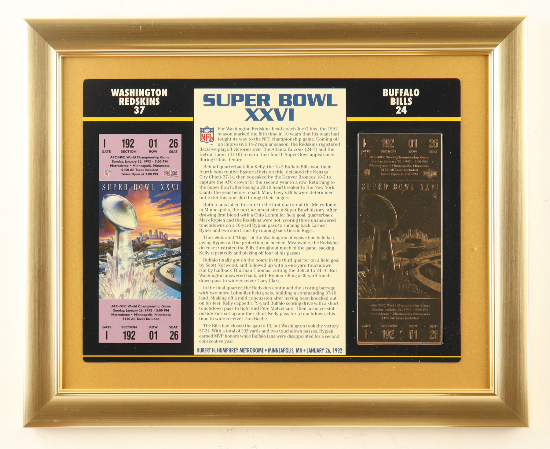 Super Bowl XXVI Commemorative Score Card with 23KT Gold Ticket Framed Display at PristineAuction.com Super Bowl XXVI Commemorative Score Card with 23KT Gold Ticket Framed Display at PristineAuction.com