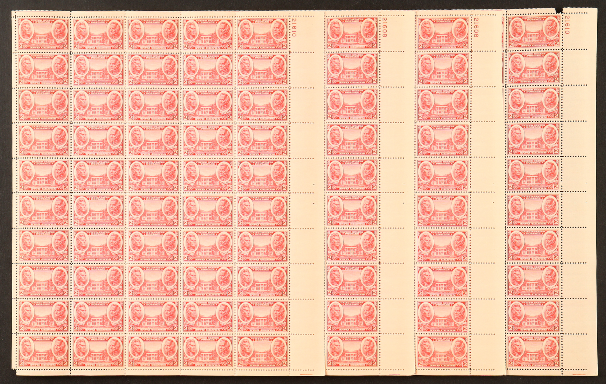 U.S. Postage 2¢ "Andrew Jackson / Winfield Scott" U.S. Army & Navy Generals Stamp - Issued January 15th 1937 - Full Original Uncut Sheet Of (50) Stamps at PristineAuction.com U.S. Postage 2¢ "Andrew Jackson / Winfield Scott" U.S. Army & Navy Generals Stamp - Issued January 15th 1937 - Full Original Uncut Sheet Of (50) Stamps at PristineAuction.com