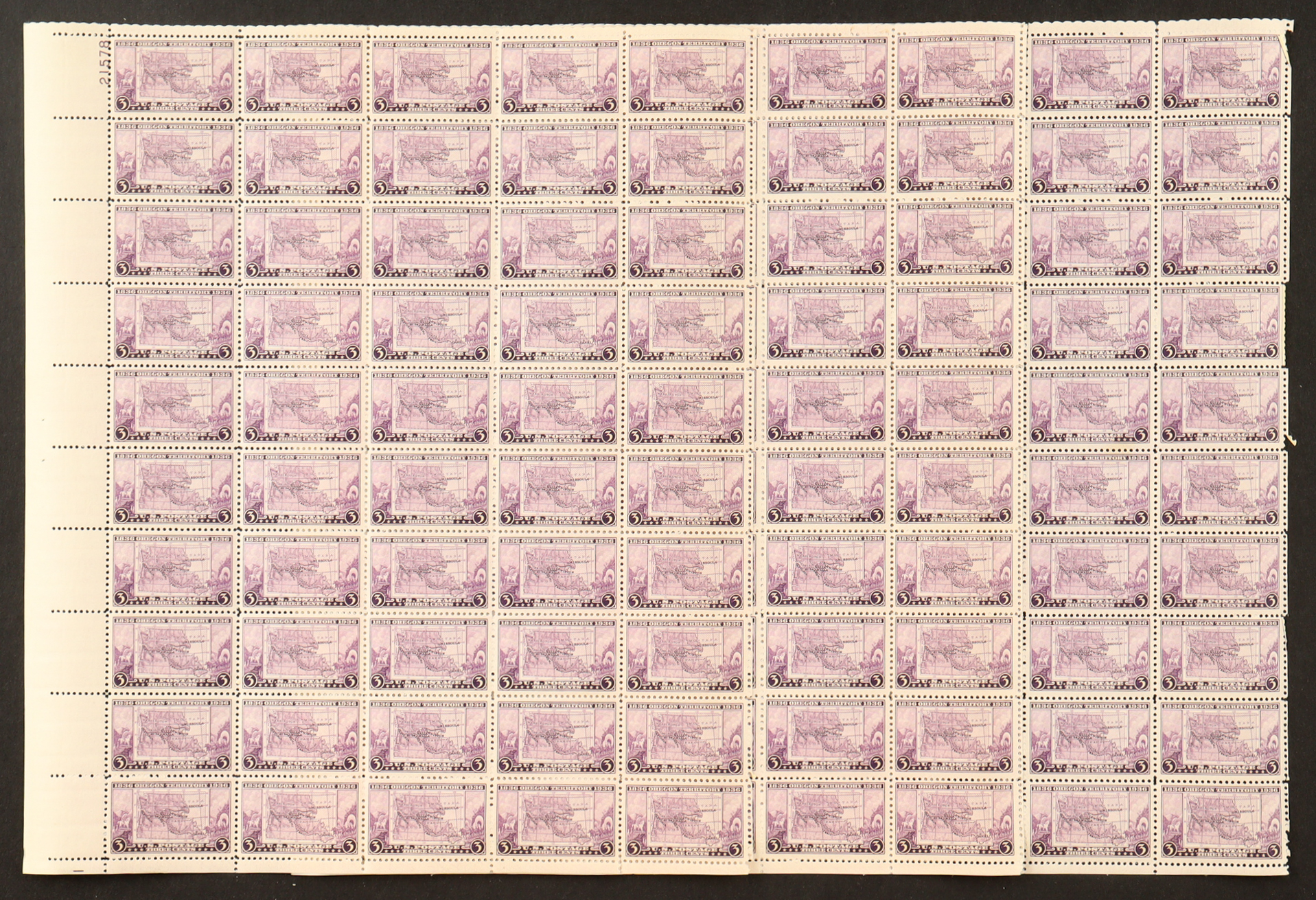 U.S. Postage 3¢ "Oregon Territory Centennial" Stamp - Issued July 14th 1936 - Full Original Uncut Sheet Of (50) Stamps at PristineAuction.com U.S. Postage 3¢ "Oregon Territory Centennial" Stamp - Issued July 14th 1936 - Full Original Uncut Sheet Of (50) Stamps at PristineAuction.com