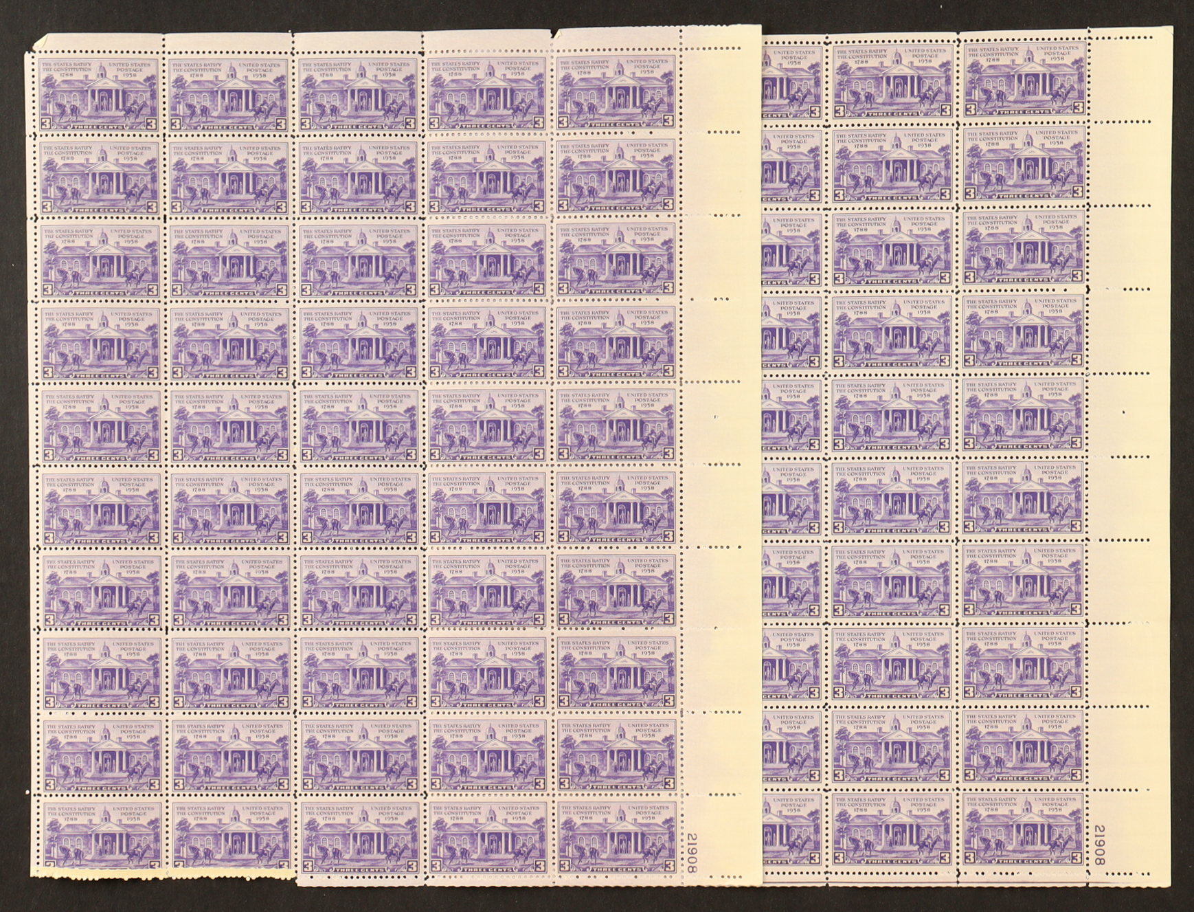 U.S. Postage 3¢ "Constitution Ratification 150th Anniversary" Stamp - Issued June 21st 1938 - Full Original Uncut Sheet Of (50) Stamps at PristineAuction.com U.S. Postage 3¢ "Constitution Ratification 150th Anniversary" Stamp - Issued June 21st 1938 - Full Original Uncut Sheet Of (50) Stamps at PristineAuction.com
