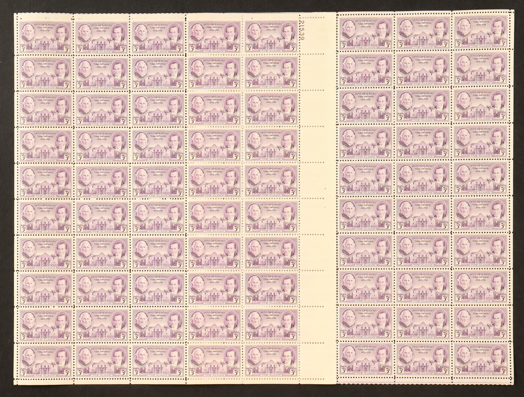 U.S. Postage 3¢ "The Alamo" Texas Centennial Stamp - Issued March 2nd 1936 - Full Original Uncut Sheet Of (50) Stamps at PristineAuction.com U.S. Postage 3¢ "The Alamo" Texas Centennial Stamp - Issued March 2nd 1936 - Full Original Uncut Sheet Of (50) Stamps at PristineAuction.com