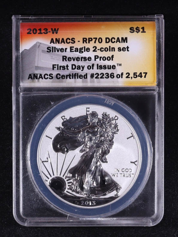 2013-W American Silver Eagle, First Day of Issue Reserve Proof 2-Coin Set Certified #2236/2547 (ANACS RP70 DCAM) at PristineAuction.com 2013-W American Silver Eagle, First Day of Issue Reserve Proof 2-Coin Set Certified #2236/2547 (ANACS RP70 DCAM) at PristineAuction.com