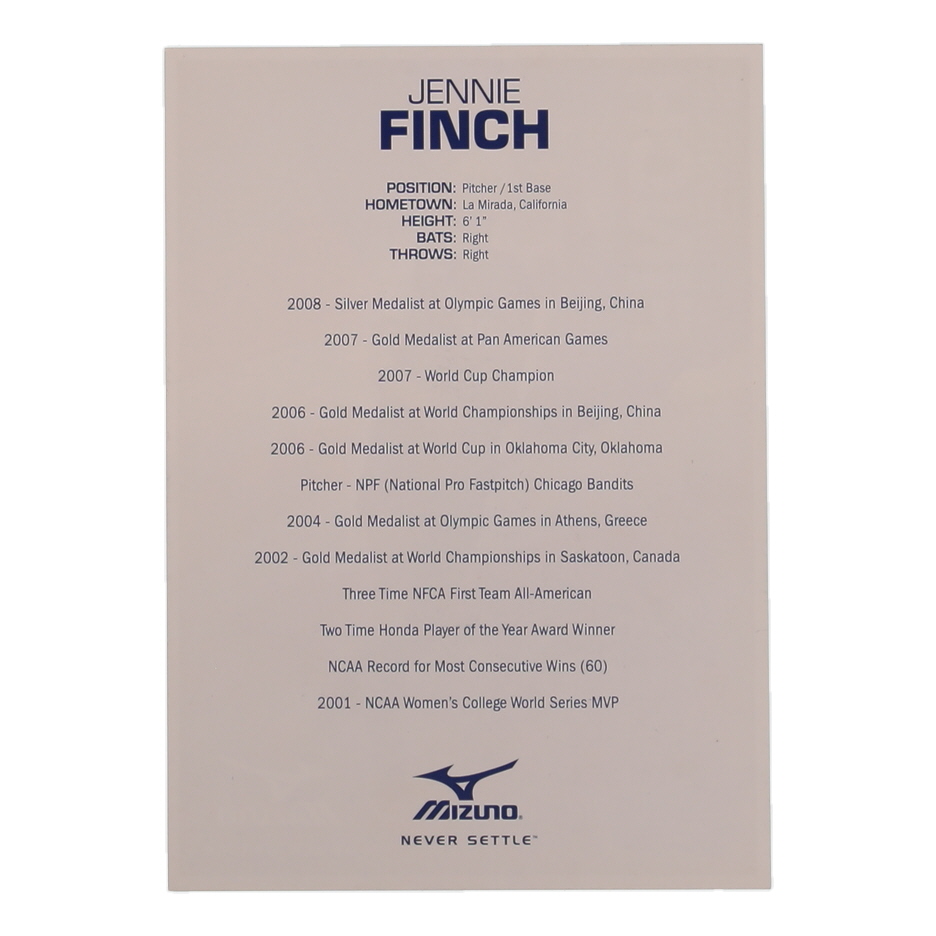 Jennie Finch Signed 4x6 Mizuno Softball Card Inscribed "USA" (Beckett) at PristineAuction.com Jennie Finch Signed 4x6 Mizuno Softball Card Inscribed "USA" (Beckett) at PristineAuction.com