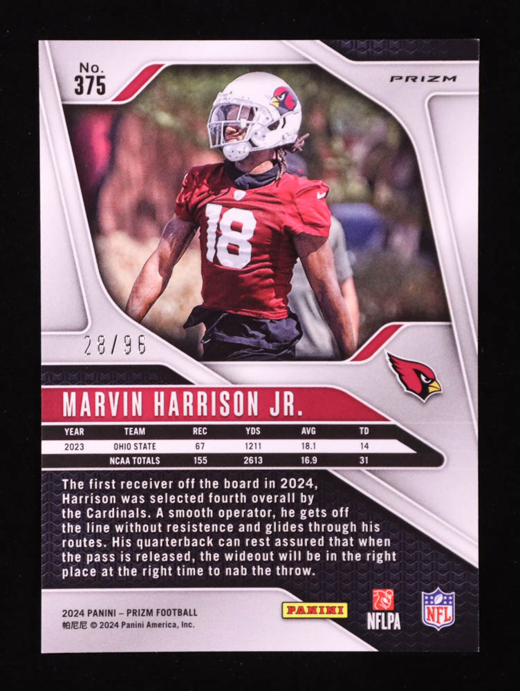 Marvin Harrison Jr. 2024 Panini Prizm Prizms Blue Sparkle #375 RC #28/96 at PristineAuction.com Marvin Harrison Jr. 2024 Panini Prizm Prizms Blue Sparkle #375 RC #28/96 at PristineAuction.com