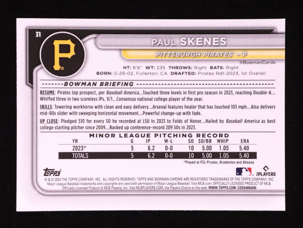 Paul Skenes 2024 Bowman Chrome Mega Box Purple Refractors #31 RC #039/250 at PristineAuction.com Paul Skenes 2024 Bowman Chrome Mega Box Purple Refractors #31 RC #039/250 at PristineAuction.com