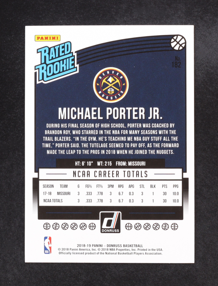 Michael Porter Jr. 2018-19 Panini Donruss Rated Rookie #182 RC at PristineAuction.com Michael Porter Jr. 2018-19 Panini Donruss Rated Rookie #182 RC at PristineAuction.com