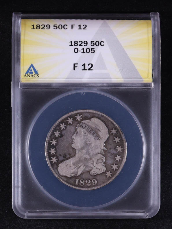 1829 Capped Bust 50C Silver Half Dollar, O-105 / R1 (ANACS F12) at PristineAuction.com 1829 Capped Bust 50C Silver Half Dollar, O-105 / R1 (ANACS F12) at PristineAuction.com