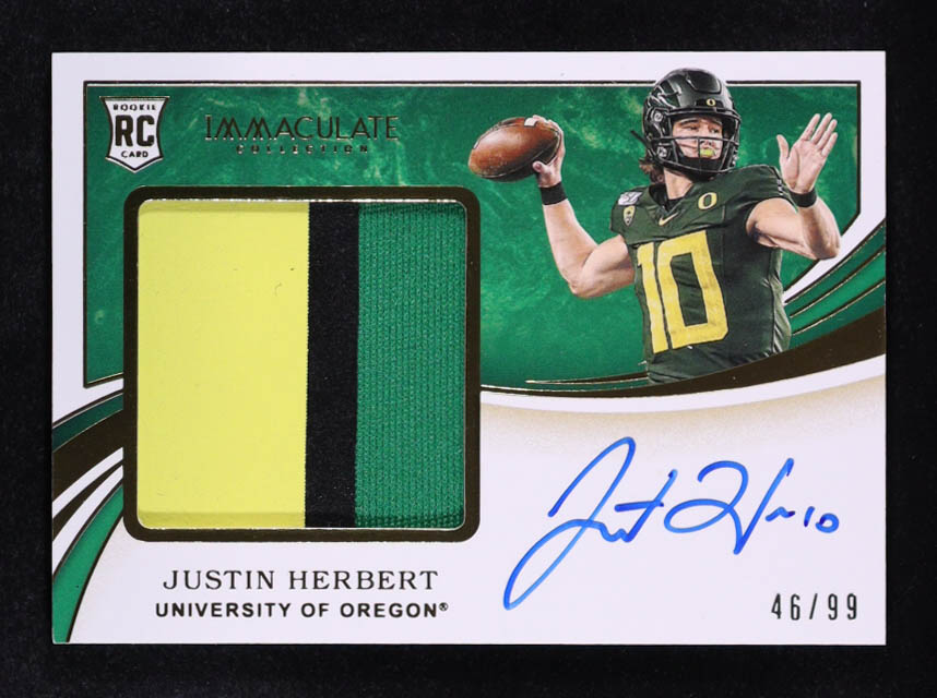 Justin Herbert 2020 Immaculate Collection Collegiate Rookie Patch Autographs #104 RC #46/99 at PristineAuction.com Justin Herbert 2020 Immaculate Collection Collegiate Rookie Patch Autographs #104 RC #46/99 at PristineAuction.com