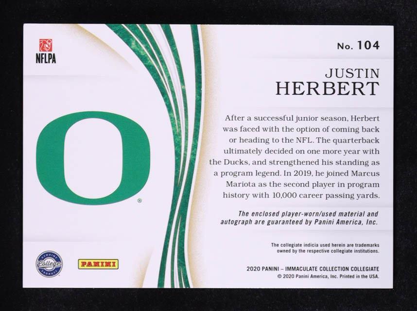 Justin Herbert 2020 Immaculate Collection Collegiate Rookie Patch Autographs #104 RC #46/99 at PristineAuction.com Justin Herbert 2020 Immaculate Collection Collegiate Rookie Patch Autographs #104 RC #46/99 at PristineAuction.com