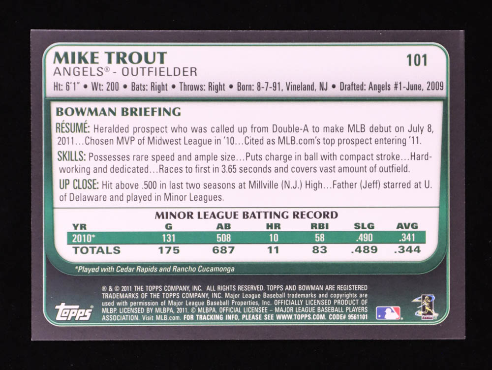 Mike Trout 2011 Bowman Draft #101 RC at PristineAuction.com Mike Trout 2011 Bowman Draft #101 RC at PristineAuction.com