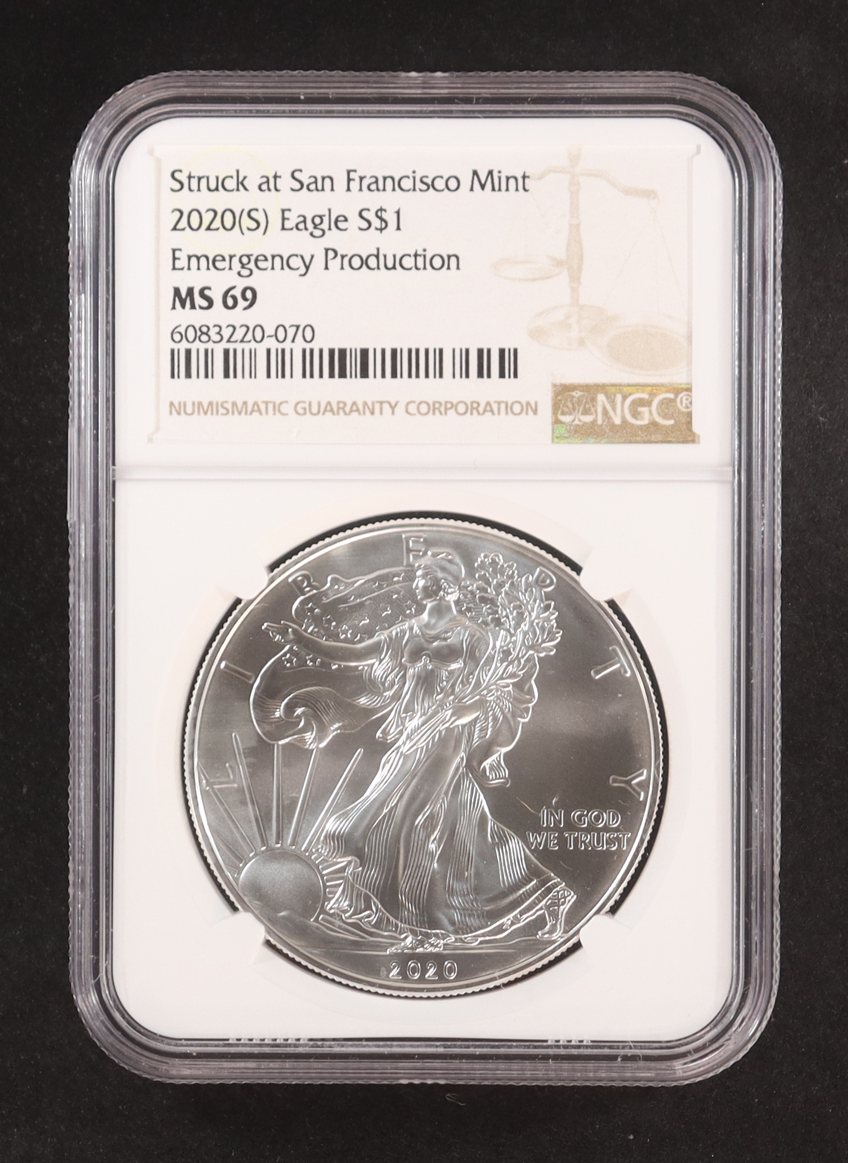 2020-(S) American Silver Eagle, Emergency Production - Struck at San Francisco Mint (NGC MS69) at PristineAuction.com 2020-(S) American Silver Eagle, Emergency Production - Struck at San Francisco Mint (NGC MS69) at PristineAuction.com