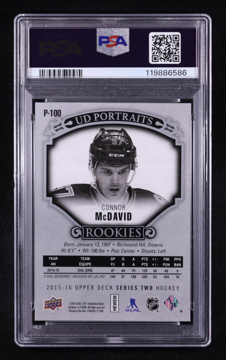 Connor McDavid 2015-16 Upper Deck UD Portraits #P100 RC (PSA 10) at PristineAuction.com Connor McDavid 2015-16 Upper Deck UD Portraits #P100 RC (PSA 10) at PristineAuction.com