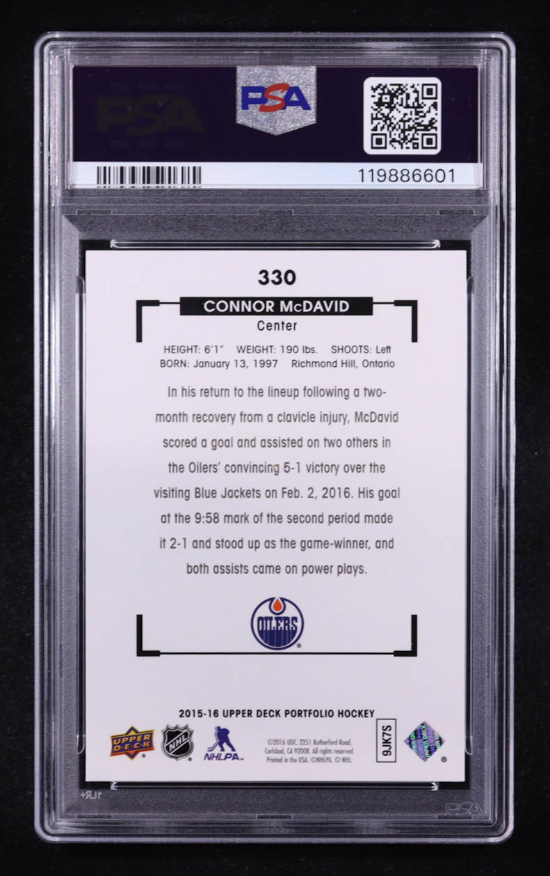 Connor McDavid 2015-16 Upper Deck Portfolio #330 RC (PSA 10) at PristineAuction.com Connor McDavid 2015-16 Upper Deck Portfolio #330 RC (PSA 10) at PristineAuction.com