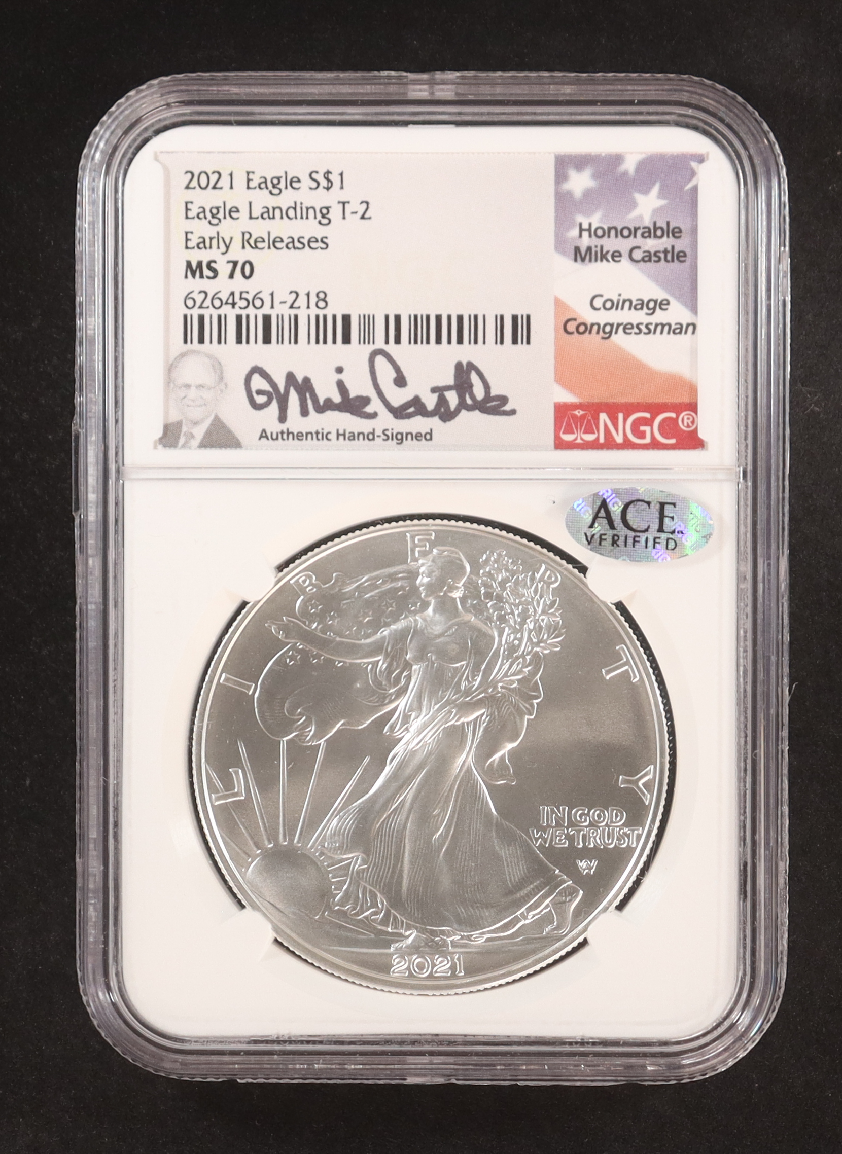 2021 American Silver Eagle Type 2, Early Releases - Mike Castle Signature Label (NGC MS69) at PristineAuction.com 2021 American Silver Eagle Type 2, Early Releases - Mike Castle Signature Label (NGC MS69) at PristineAuction.com