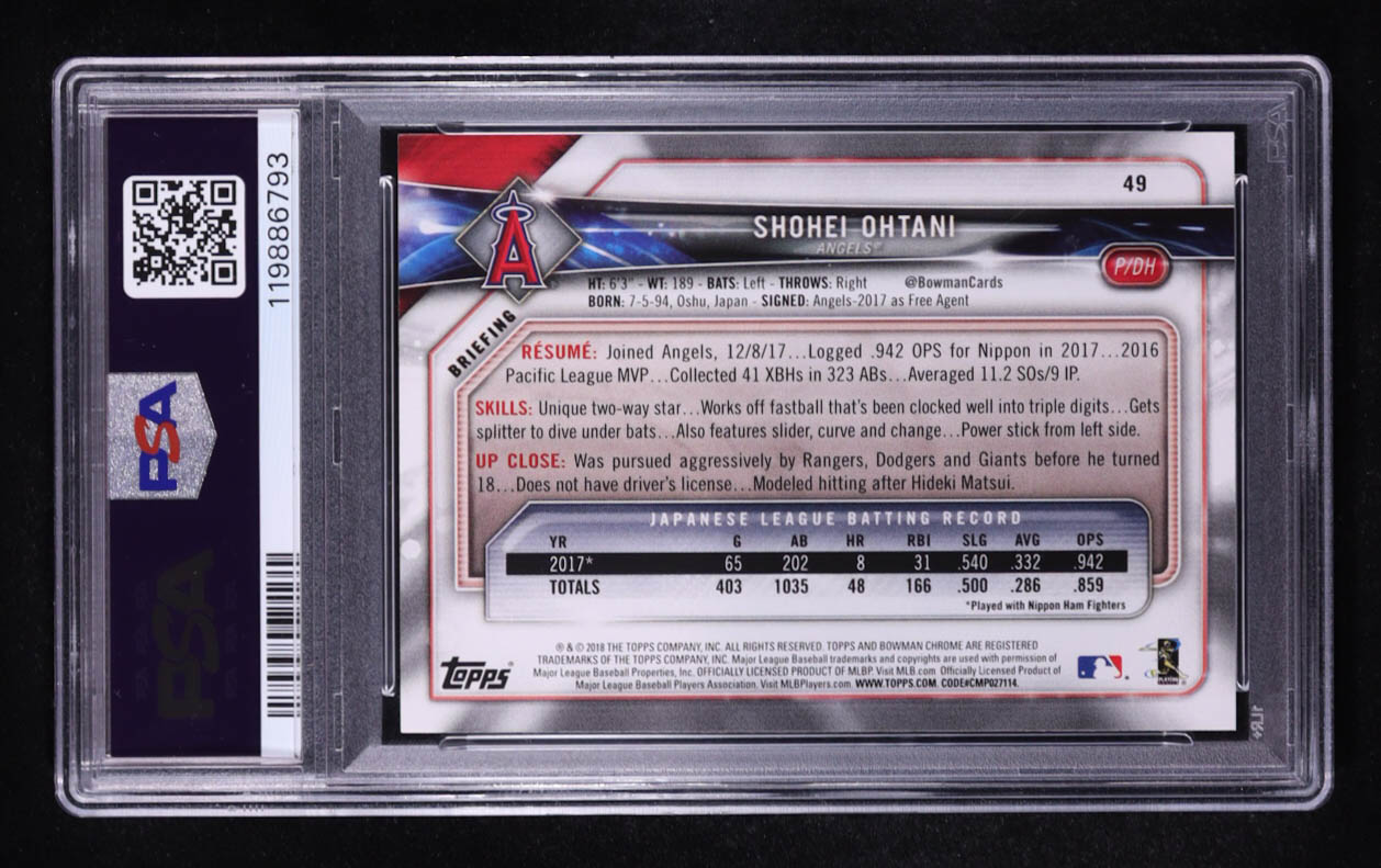 Shohei Ohtani 2018 Bowman #49 RC (PSA 10) at PristineAuction.com Shohei Ohtani 2018 Bowman #49 RC (PSA 10) at PristineAuction.com