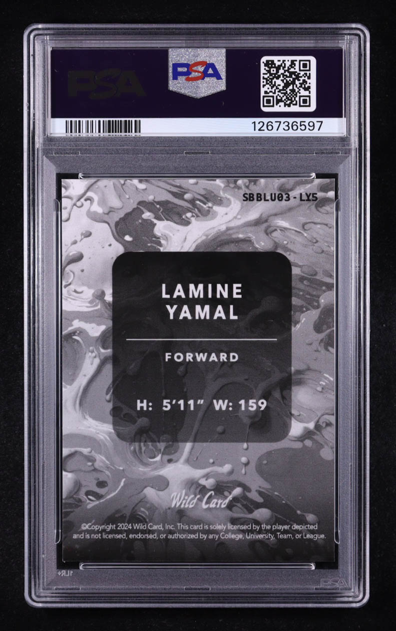 Lamine Yamal 2025 Wild Card Splat NSCC Blue Sparkles Background 3 #LY5 #1/10 (PSA 10) at PristineAuction.com Lamine Yamal 2025 Wild Card Splat NSCC Blue Sparkles Background 3 #LY5 #1/10 (PSA 10) at PristineAuction.com