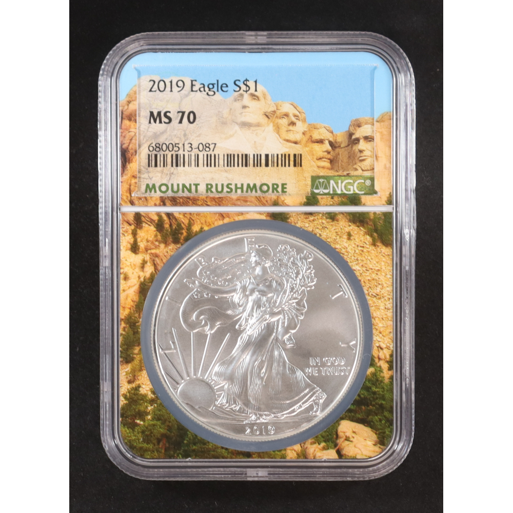2019 American $1 Dollar Silver Eagle - Mount Rushmore Core (NGC 70) at PristineAuction.com