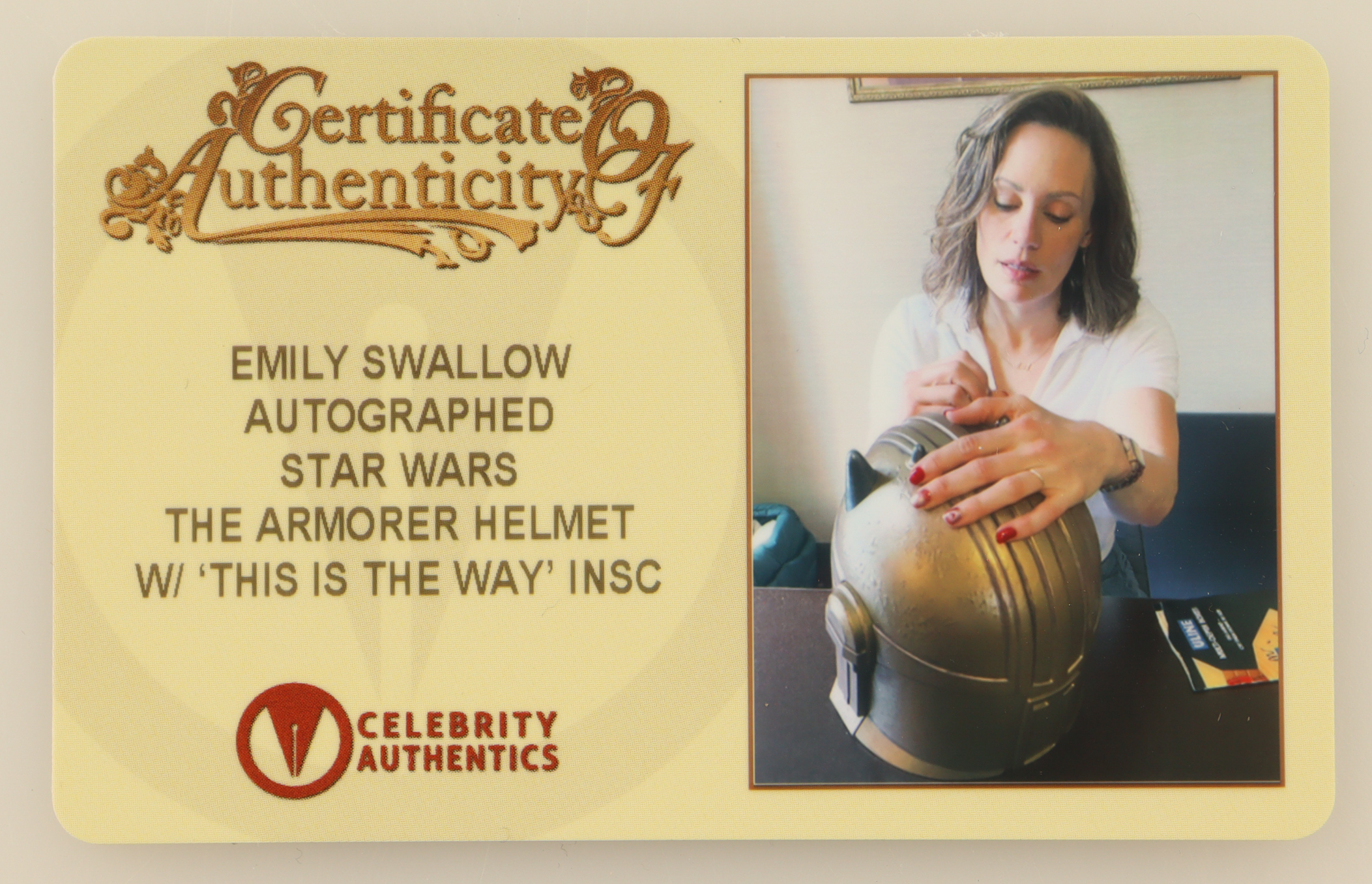 Emily Swallow Signed "Star Wars" Black Series The Armorer Helmet Inscribed "This Is the Way" (Celebrity Authentics) at PristineAuction.com Emily Swallow Signed "Star Wars" Black Series The Armorer Helmet Inscribed "This Is the Way" (Celebrity Authentics) at PristineAuction.com