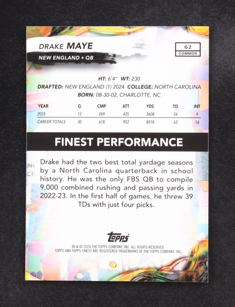 Drake Maye 2024 Topps Finest #62 RC at PristineAuction.com Drake Maye 2024 Topps Finest #62 RC at PristineAuction.com