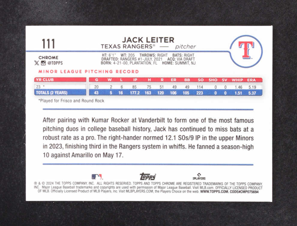 Jack Leiter 2024 Topps Chrome X-Fractor #111 RC at PristineAuction.com Jack Leiter 2024 Topps Chrome X-Fractor #111 RC at PristineAuction.com