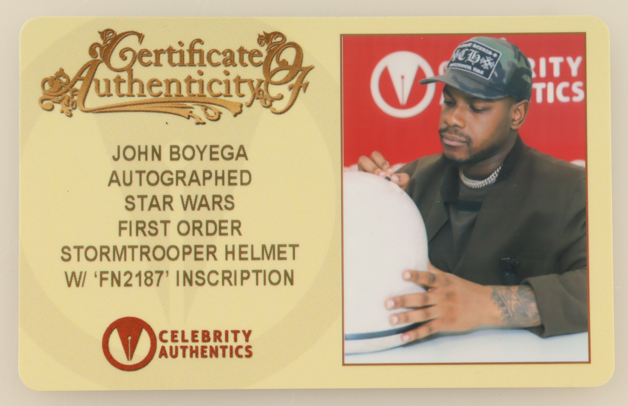 John Boyega Signed "Star Wars" Black Series First Order Stormtrooper Helmet Inscribed "FN-2187" (Celebrity Authentics) at PristineAuction.com John Boyega Signed "Star Wars" Black Series First Order Stormtrooper Helmet Inscribed "FN-2187" (Celebrity Authentics) at PristineAuction.com