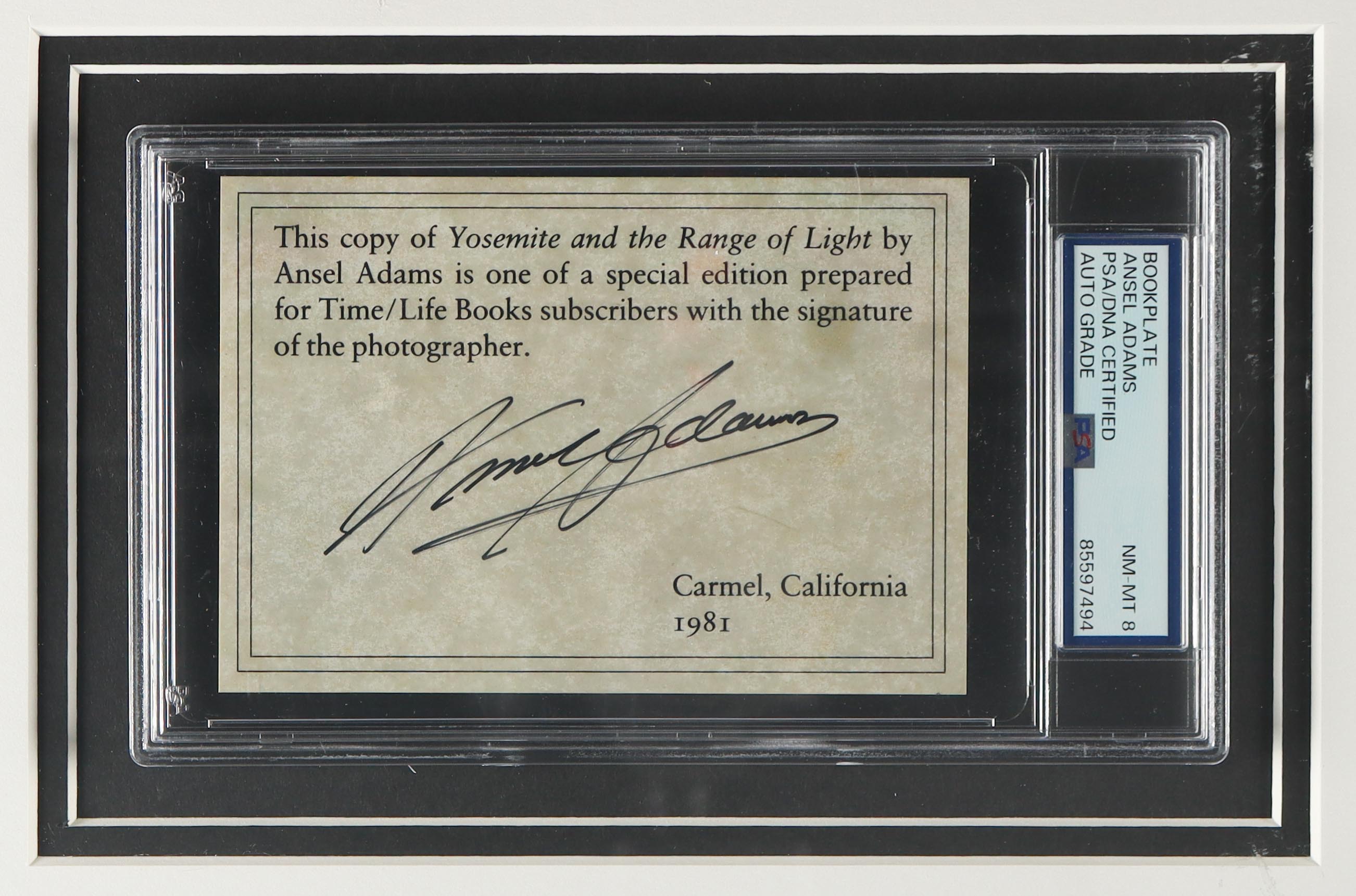 Ansel Adams Signed Custom Framed Bookplate Display (PSA | Auto 8) at PristineAuction.com Ansel Adams Signed Custom Framed Bookplate Display (PSA | Auto 8) at PristineAuction.com