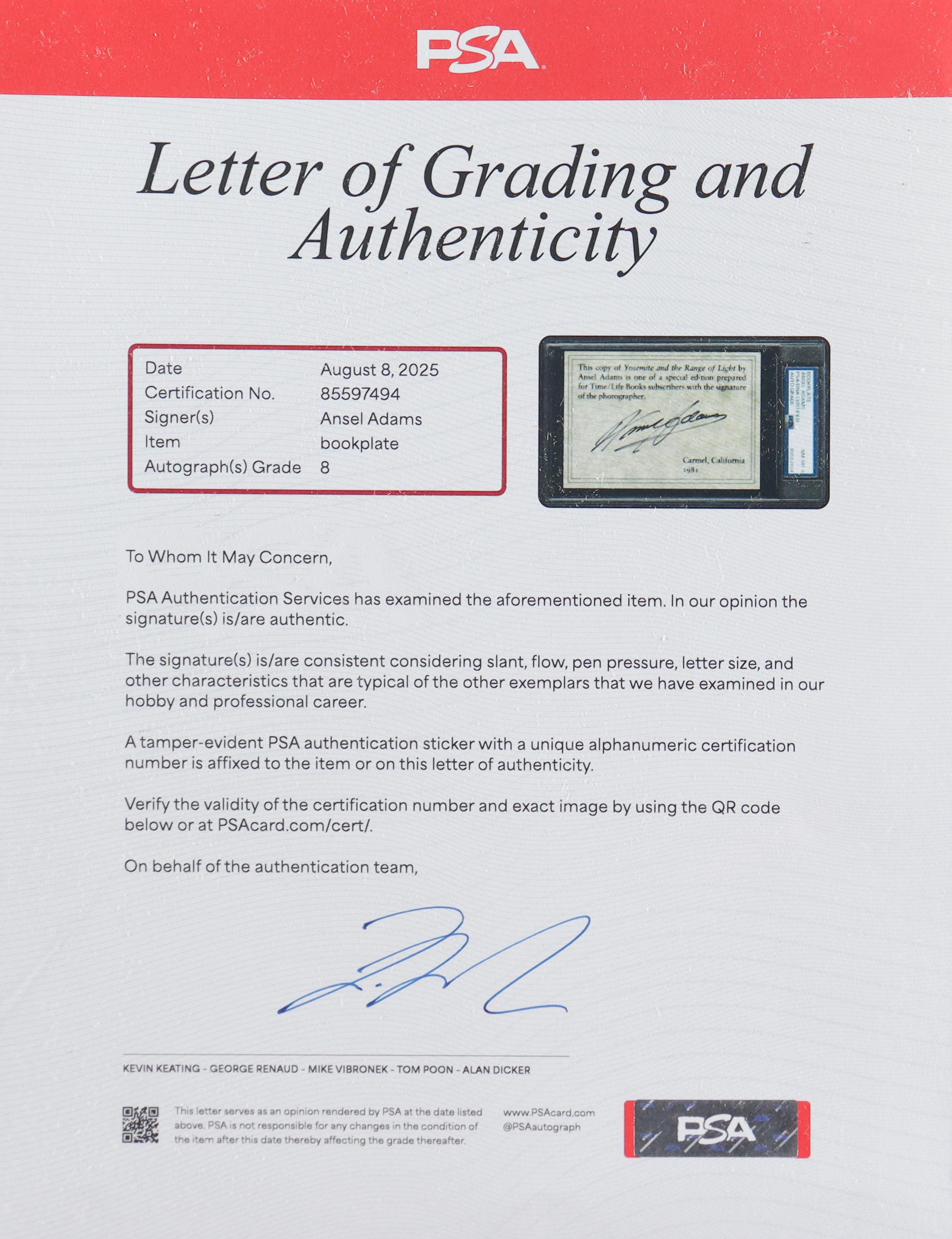 Ansel Adams Signed Custom Framed Bookplate Display (PSA | Auto 8) at PristineAuction.com Ansel Adams Signed Custom Framed Bookplate Display (PSA | Auto 8) at PristineAuction.com