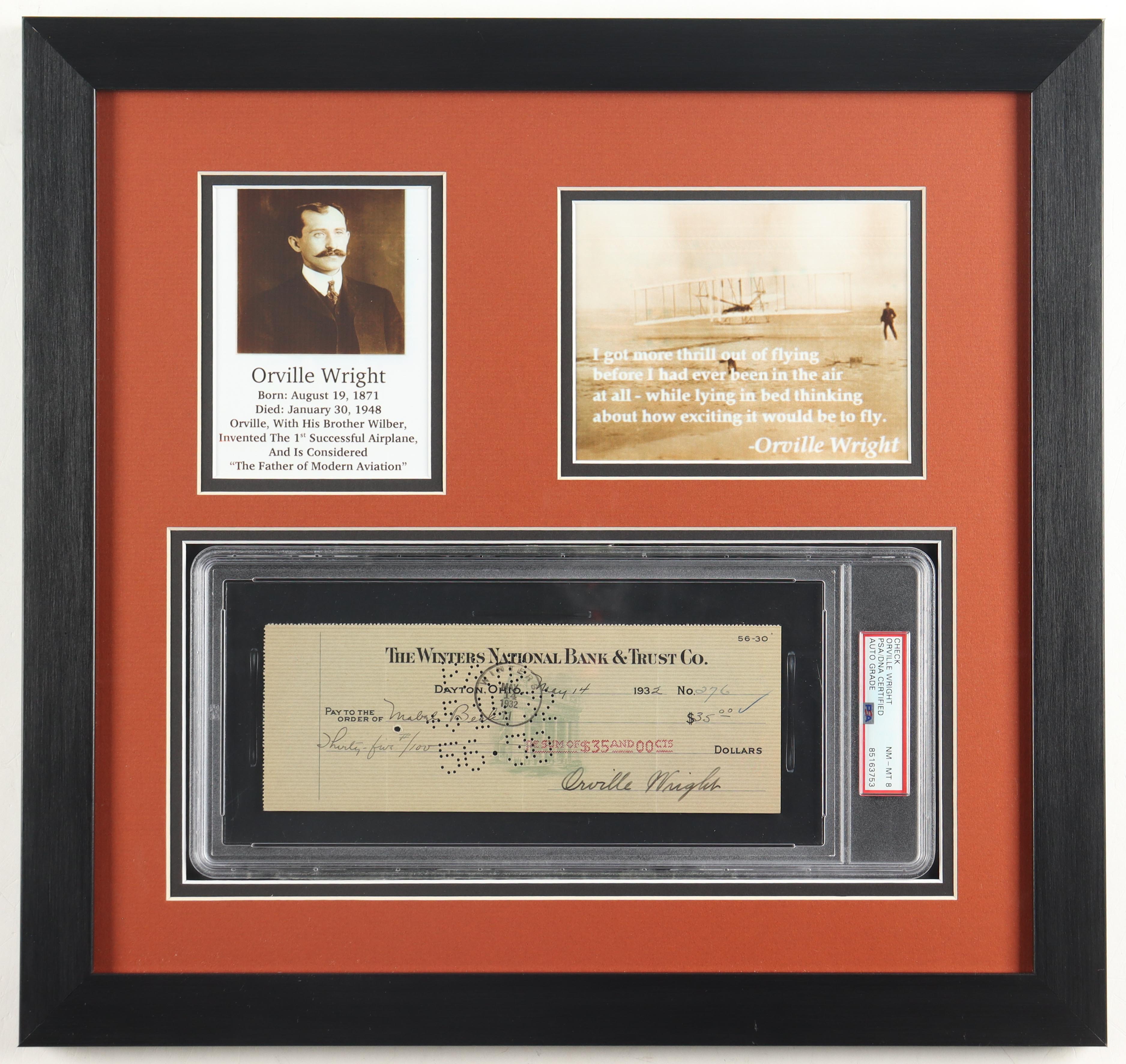 Orville Wright Signed Custom Framed 1932 Custom Framed Personal Bank Check Display (PSA | Autograph Graded 8) at PristineAuction.com Orville Wright Signed Custom Framed 1932 Custom Framed Personal Bank Check Display (PSA | Autograph Graded 8) at PristineAuction.com