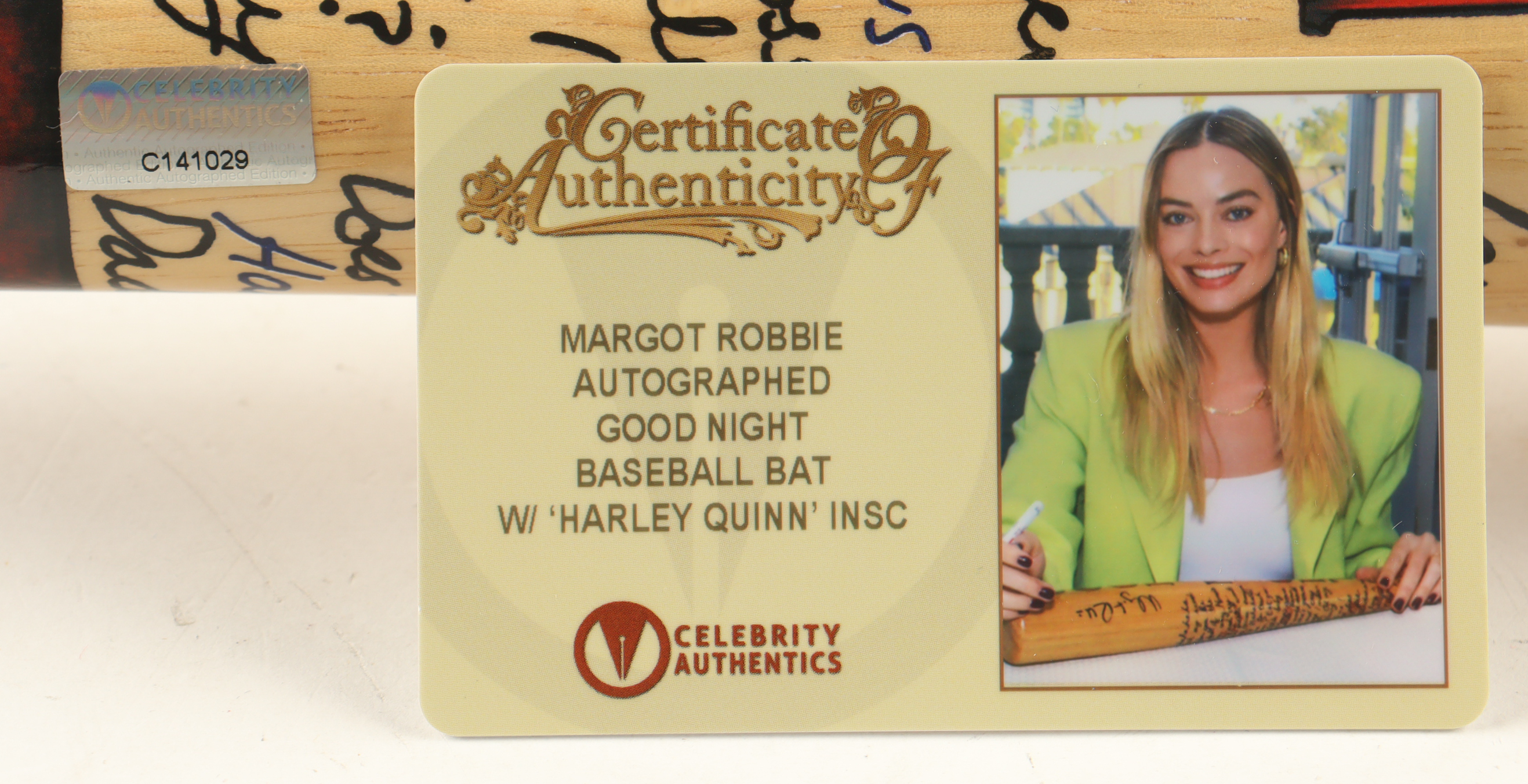 Margot Robbie Signed "Suicide Squad" Harley Quinn Baseball Bat Inscribed "Harley Quinn"(Celebrity Authentics) at PristineAuction.com Margot Robbie Signed "Suicide Squad" Harley Quinn Baseball Bat Inscribed "Harley Quinn"(Celebrity Authentics) at PristineAuction.com