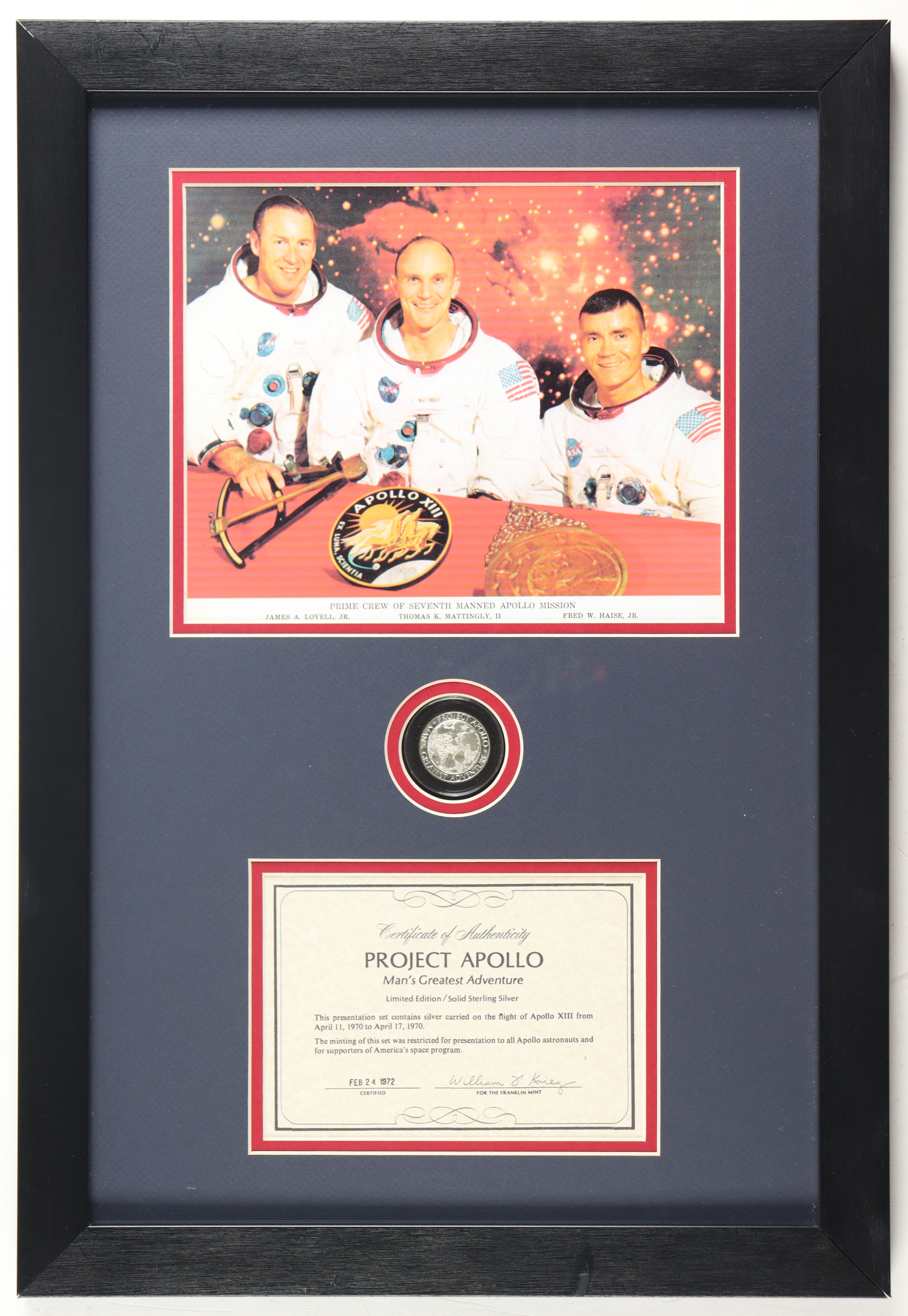 Apollo 13 Custom Framed On-Flight Silver Coin Display | Silver Carried on Flight of Apollo 13 (Franklin Mint) at PristineAuction.com Apollo 13 Custom Framed On-Flight Silver Coin Display | Silver Carried on Flight of Apollo 13 (Franklin Mint) at PristineAuction.com